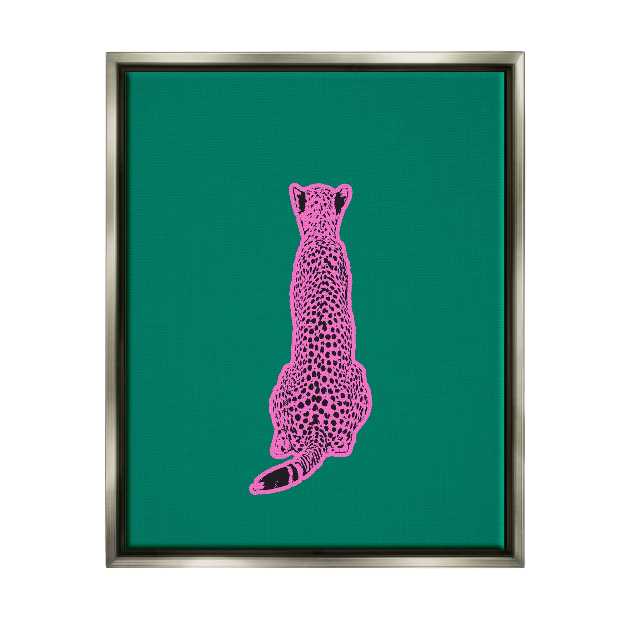 Stupell Industries Pink Cheetah on Green Animals & Insects Painting Gray Floater Framed Canvas Art Print Wall Art, 25 x 31