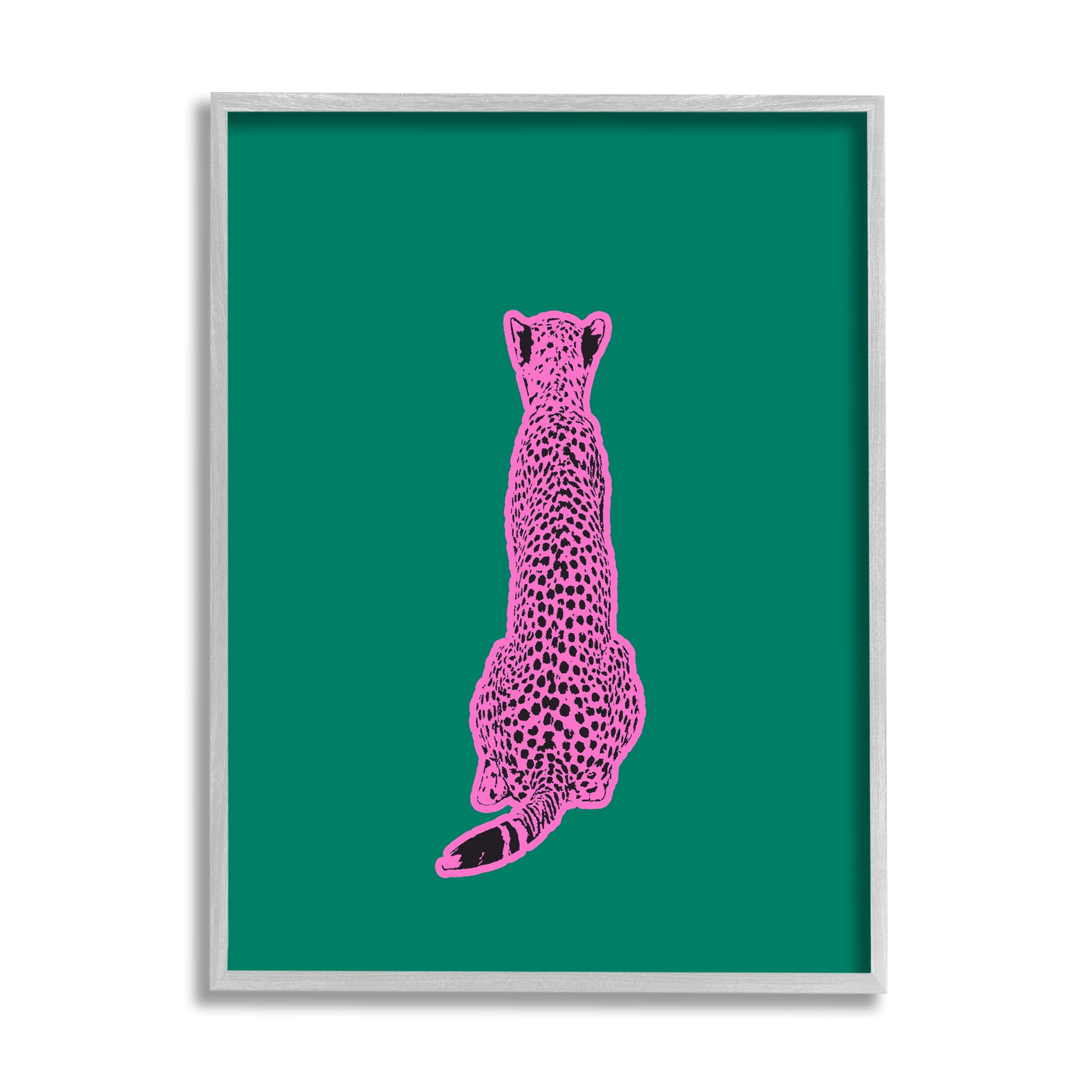 Stupell Industries Pink Cheetah on Green Animals & Insects Painting Gray Framed Art Print Wall Art, 24 x 30