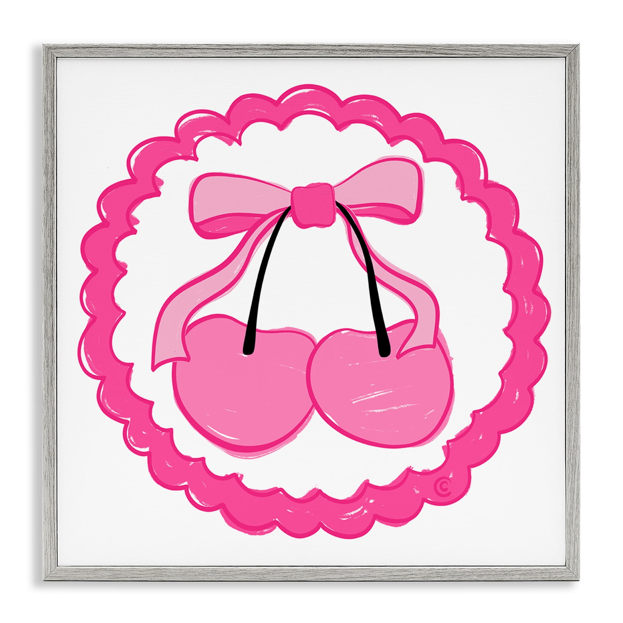 Stupell Industries Pink Cherries & Bow Food & Beverage Painting Gray Framed Art Print Wall Art, 12 x 12