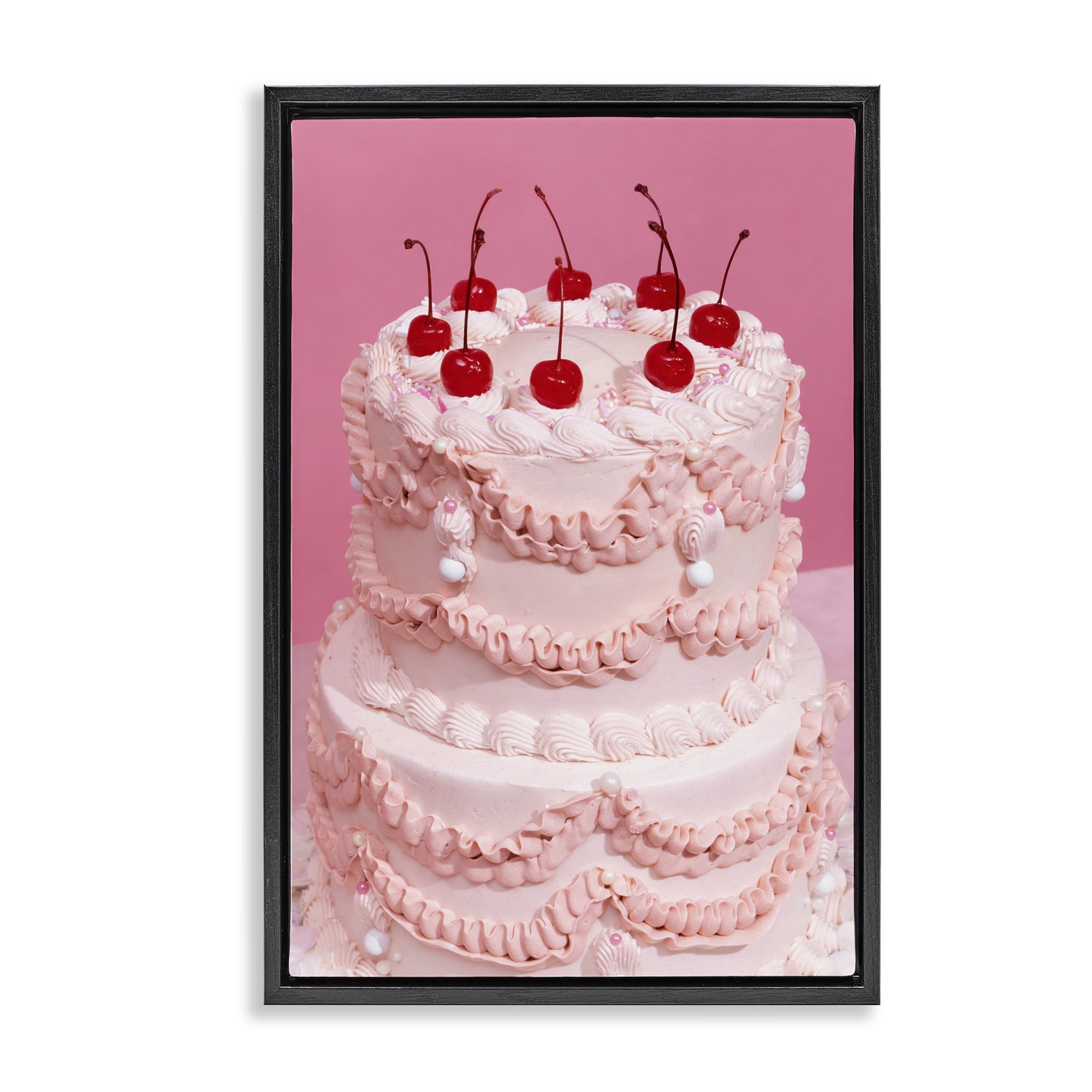 Stupell Industries Pink Cherries Cake Food & Beverage Painting Black Floater Framed Art Print Wall Art, 17 x 25