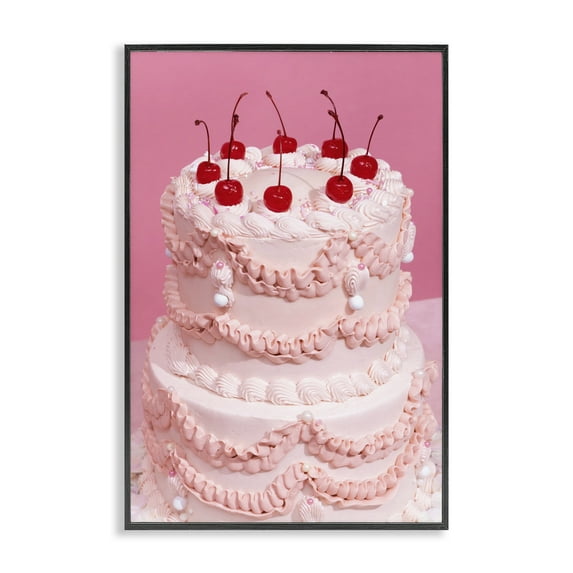 Stupell Industries Pink Cherries Cake Food & Beverage Painting Black Framed Art Print Wall Art, 16 x 24
