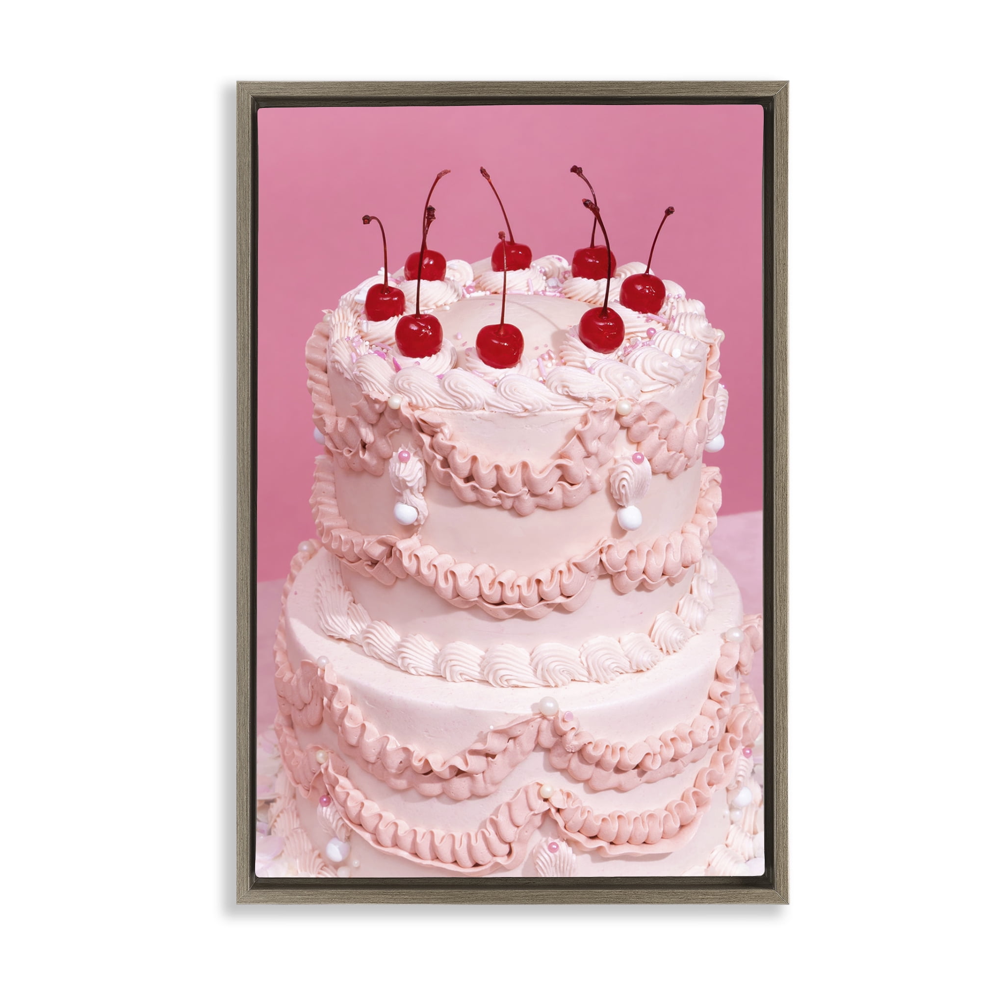 Stupell Industries Pink Cherries Cake Food & Beverage Painting Brown Floater Framed Art Print Wall Art, 21 x 31