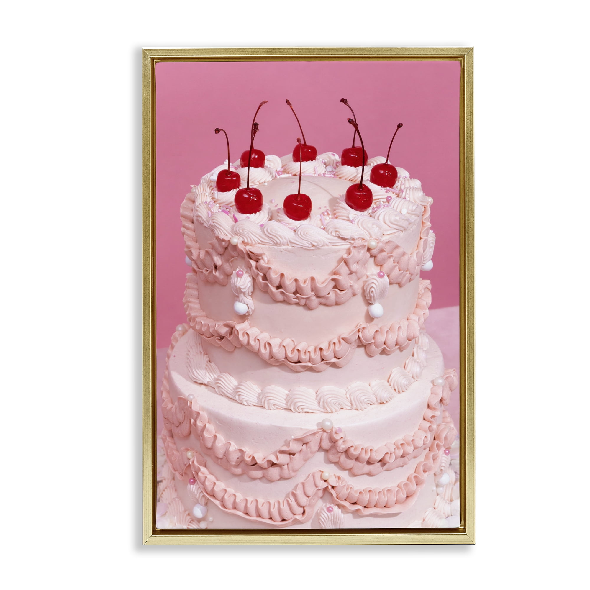 Stupell Industries Pink Cherries Cake Food & Beverage Painting Gold Floater Framed Art Print Wall Art, 17 x 25