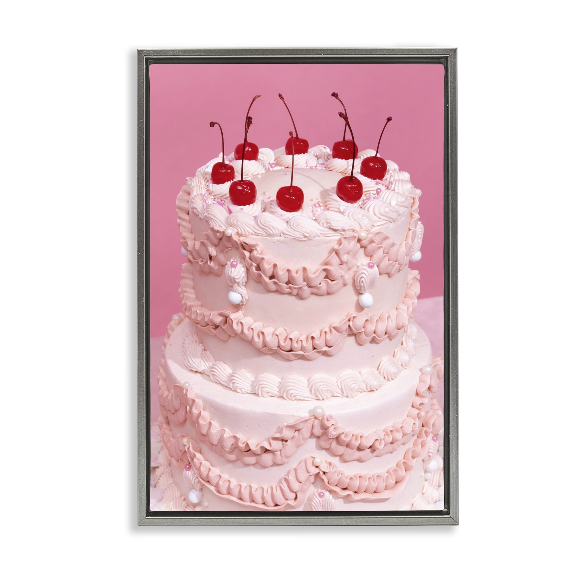 Stupell Industries Pink Cherries Cake Food & Beverage Painting Gray Floater Framed Art Print Wall Art, 17 x 25