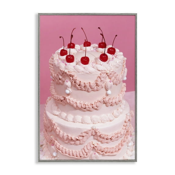 Stupell Industries Pink Cherries Cake Food & Beverage Painting Gray Framed Art Print Wall Art, 12 x 18