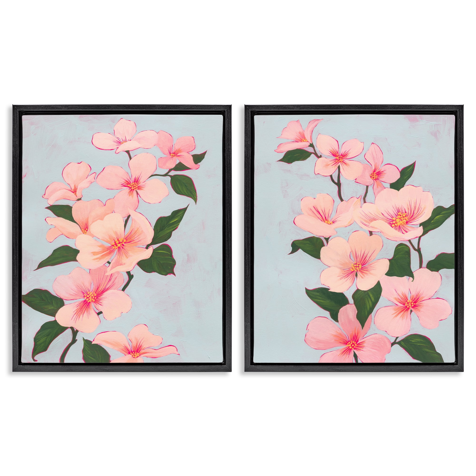 Stupell Industries Pink Cherry Blossom Branch Plants & Flowers Painting Black Floater Framed Canvas Art Print Wall Art, 31 x 25, Set of 2