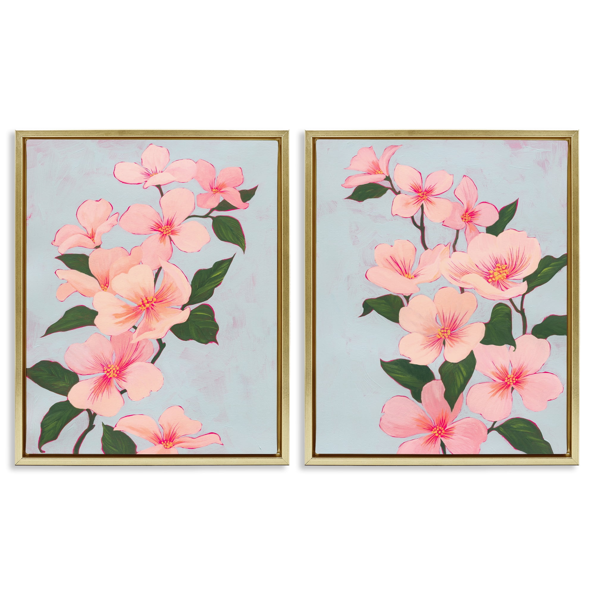 Stupell Industries Pink Cherry Blossom Branch Plants & Flowers Painting Gold Floater Framed Canvas Art Print Wall Art, 31 x 25, Set of 2