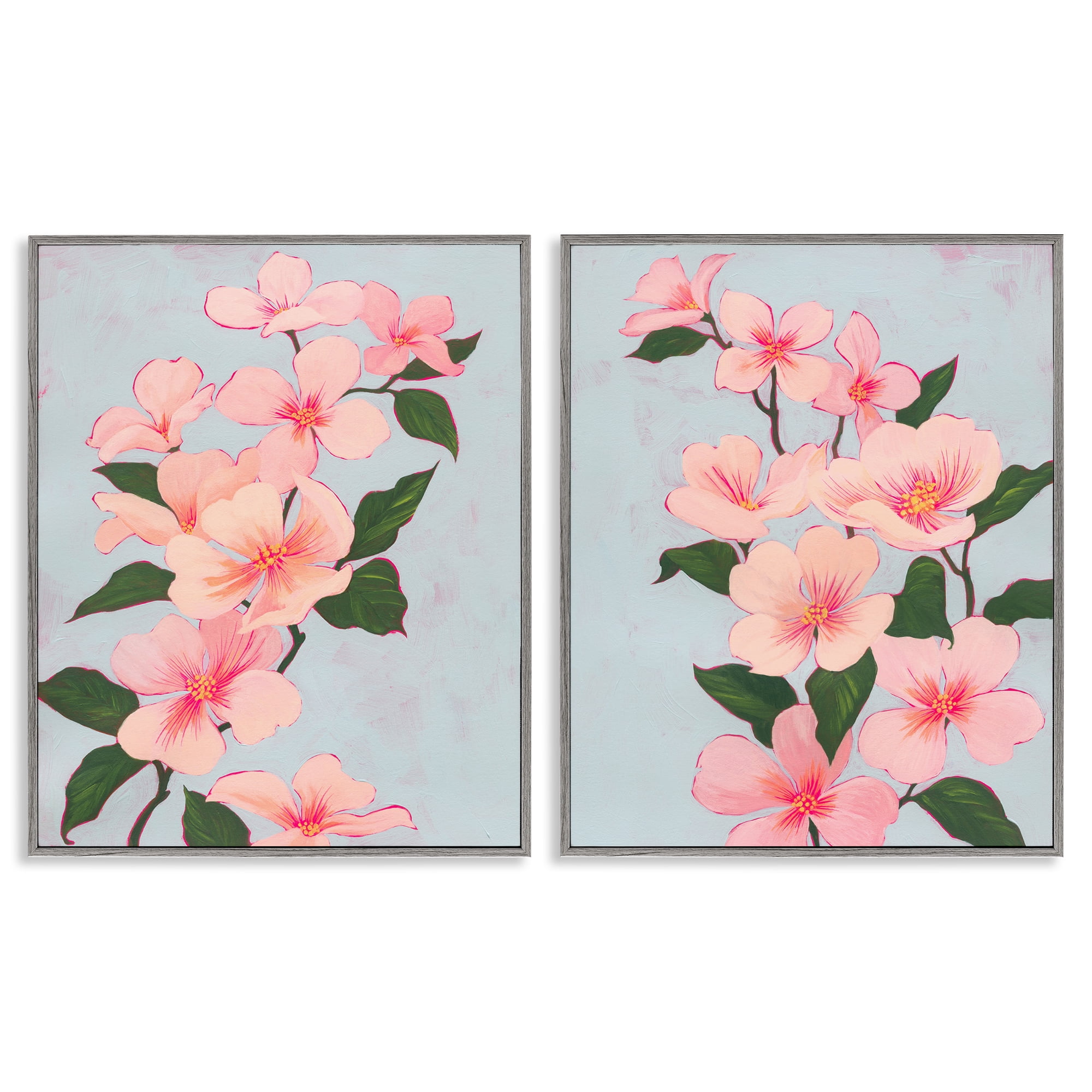 Stupell Industries Pink Cherry Blossom Branch Plants & Flowers Painting Gray Framed Art Print Wall Art, 16 x 20, Set of 2
