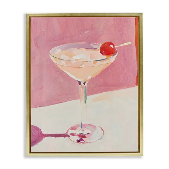 Stupell Industries Pink Cherry Cocktail Gold Framed Floater Canvas Wall Art design by Riley B, 21 x 17