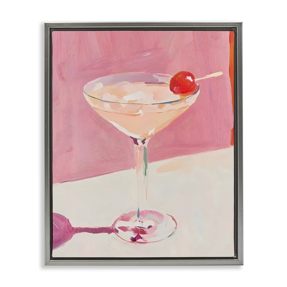 Stupell Industries Pink Cherry Cocktail Gray Framed Floater Canvas Wall Art design by Riley B, 31 x 25