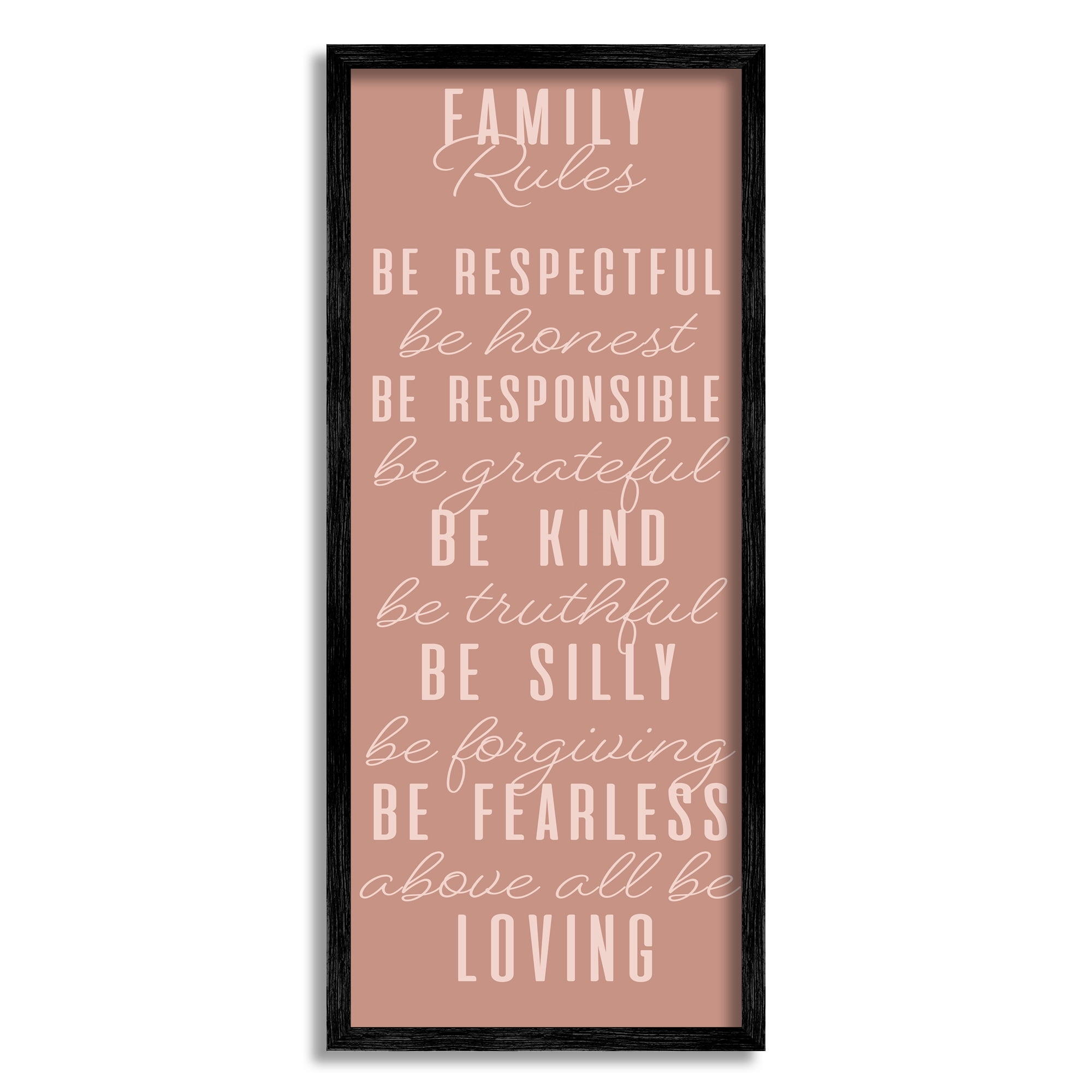 Stupell Industries Pink Chic Family Rules Typography Painting Black Framed Art Print Wall Art, 10 x 24