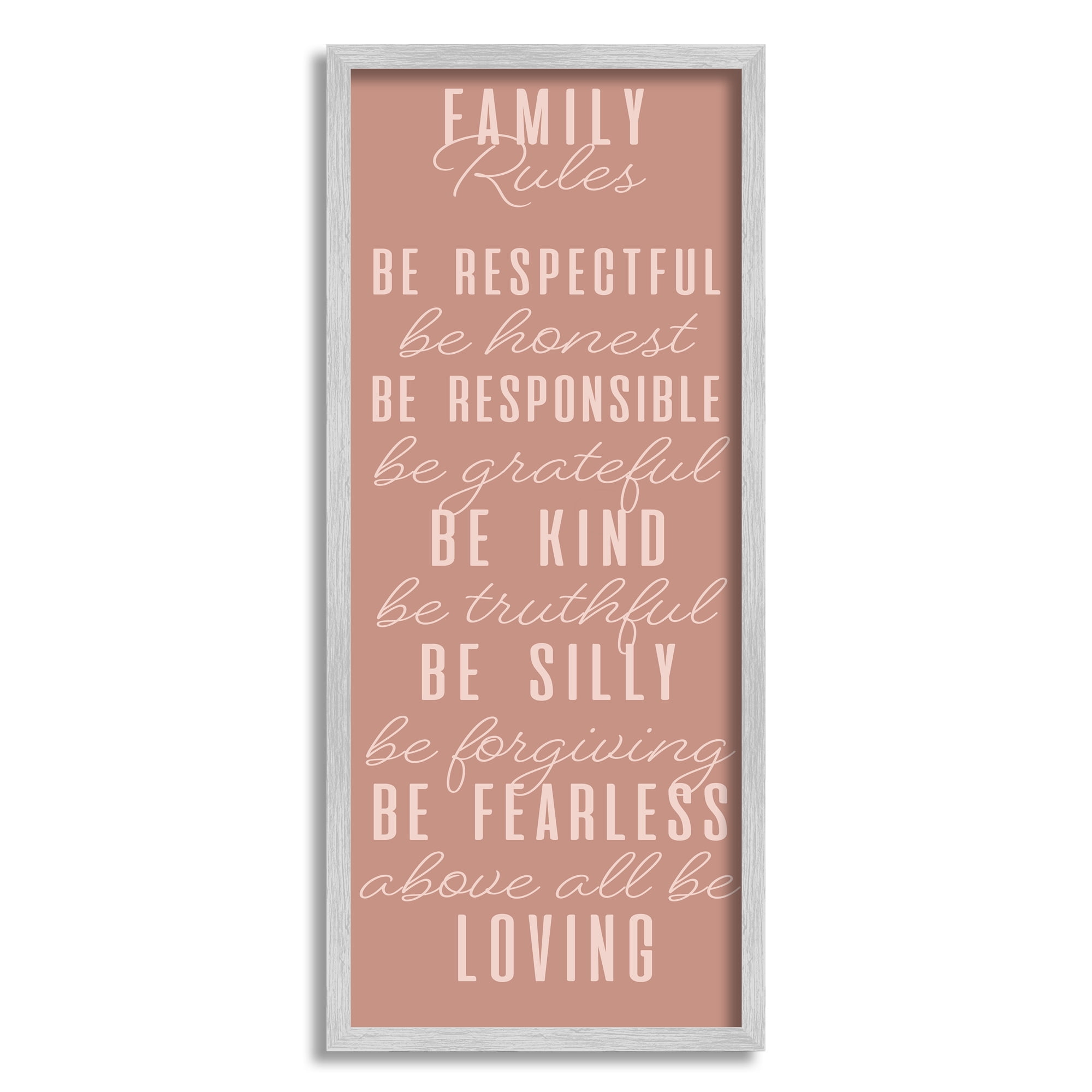 Stupell Industries Pink Chic Family Rules Typography Painting Gray Framed Art Print Wall Art, 10 x 24
