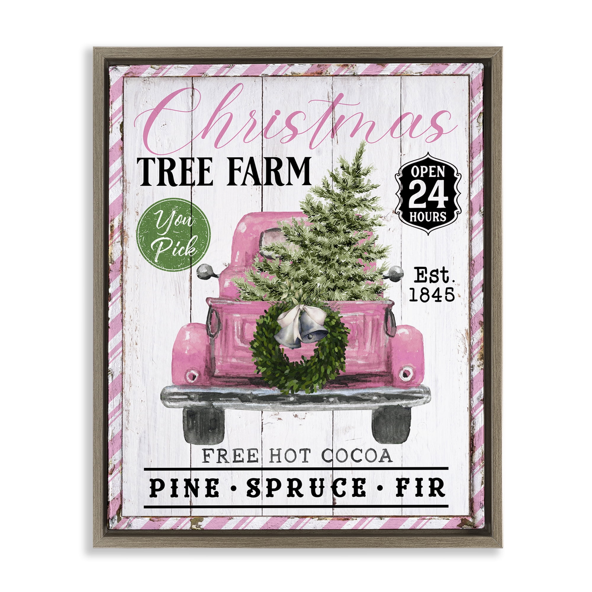 Stupell Industries Pink Christmas Tree Farm Holiday Painting Brown Floater Framed Canvas Art Prints Wall Art, 25 x 31