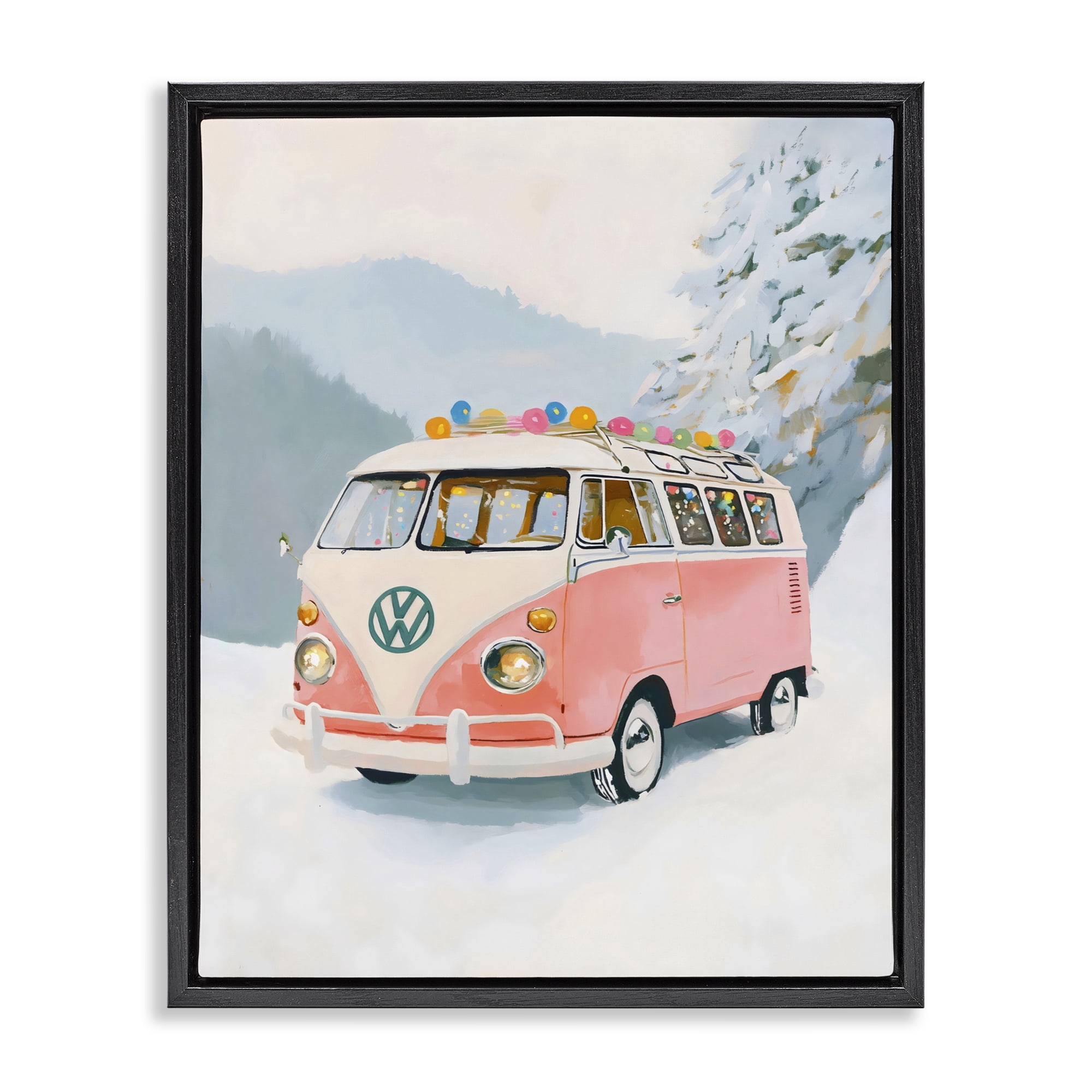Stupell Industries Pink Christmas Van in Snow Black Framed Floater Canvas Wall Art, design by The Prints Vibe