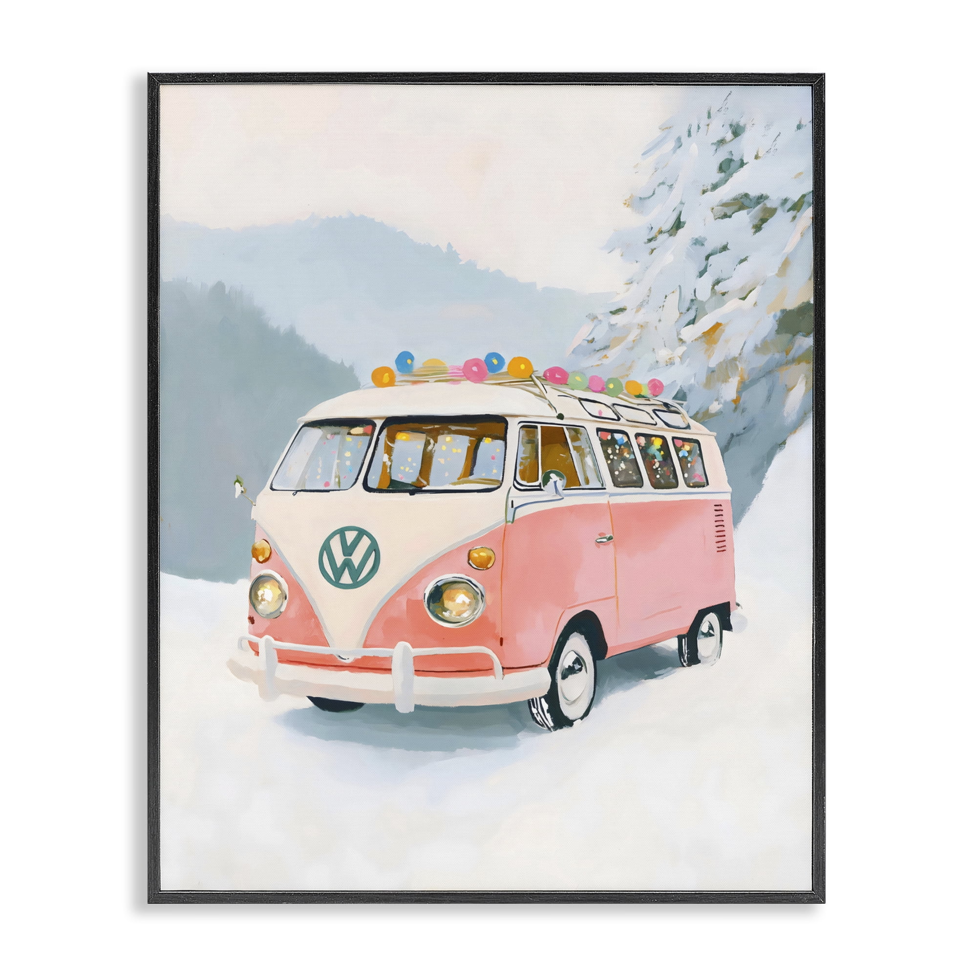Stupell Industries Pink Christmas Van in Snow Black Framed Giclee Art, design by The Prints Vibe