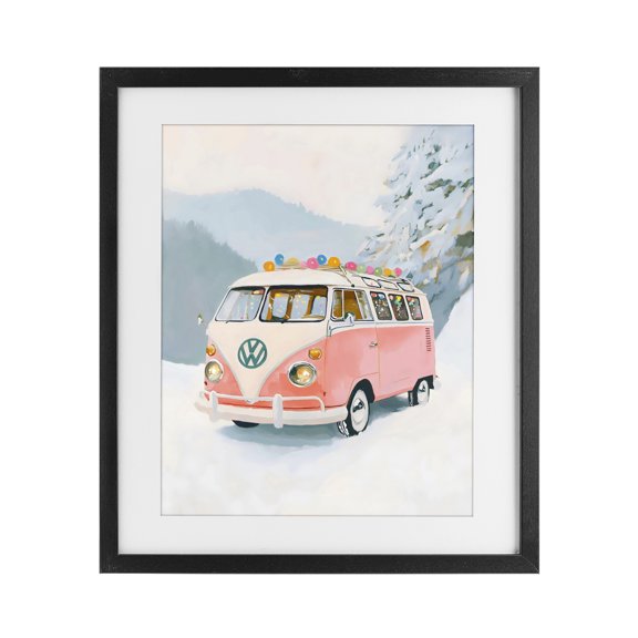 Stupell Industries Pink Christmas Van in Snow Black Framed Print Under Glass, design by The Prints Vibe