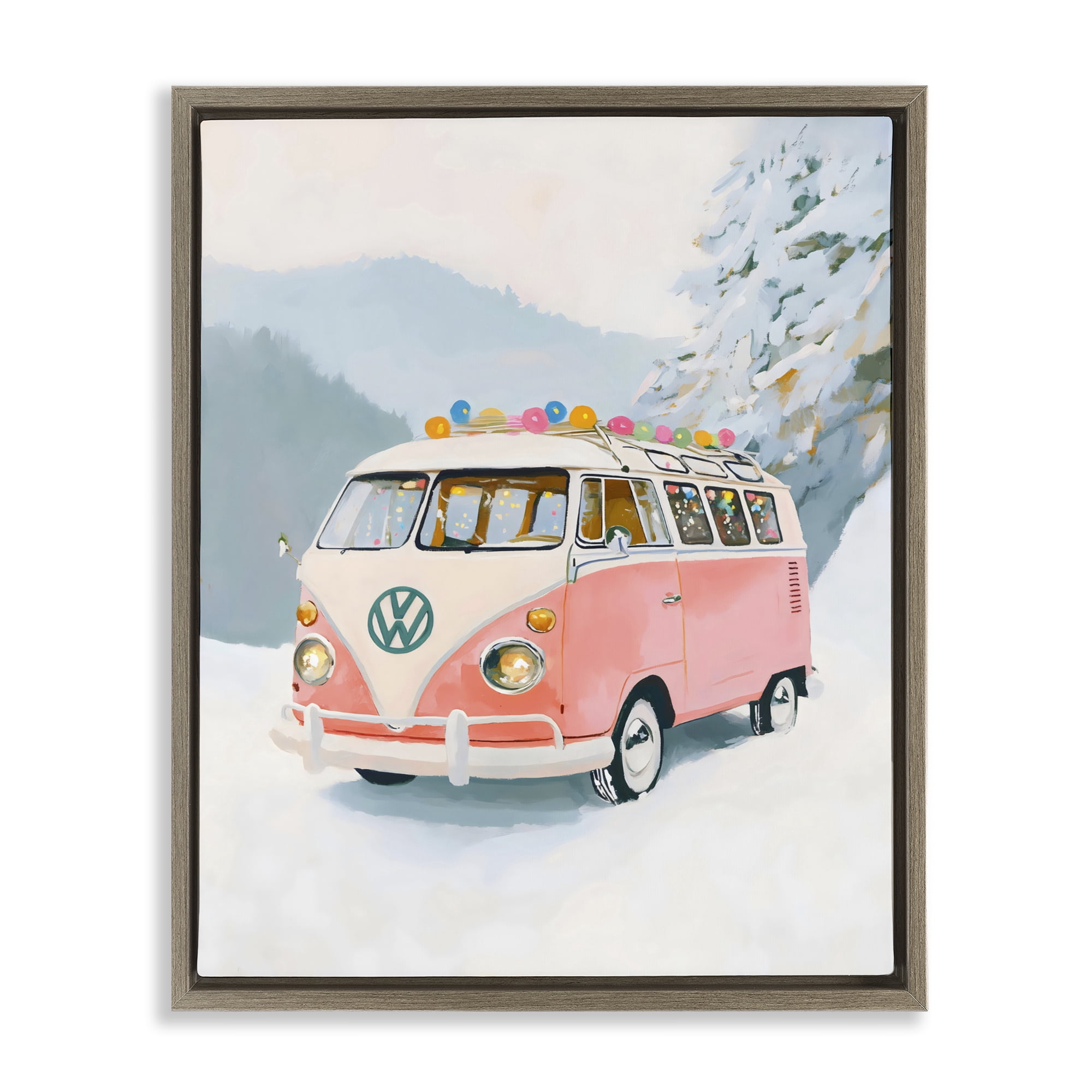Stupell Industries Pink Christmas Van in Snow Brown Framed Floater Canvas Wall Art, design by The Prints Vibe