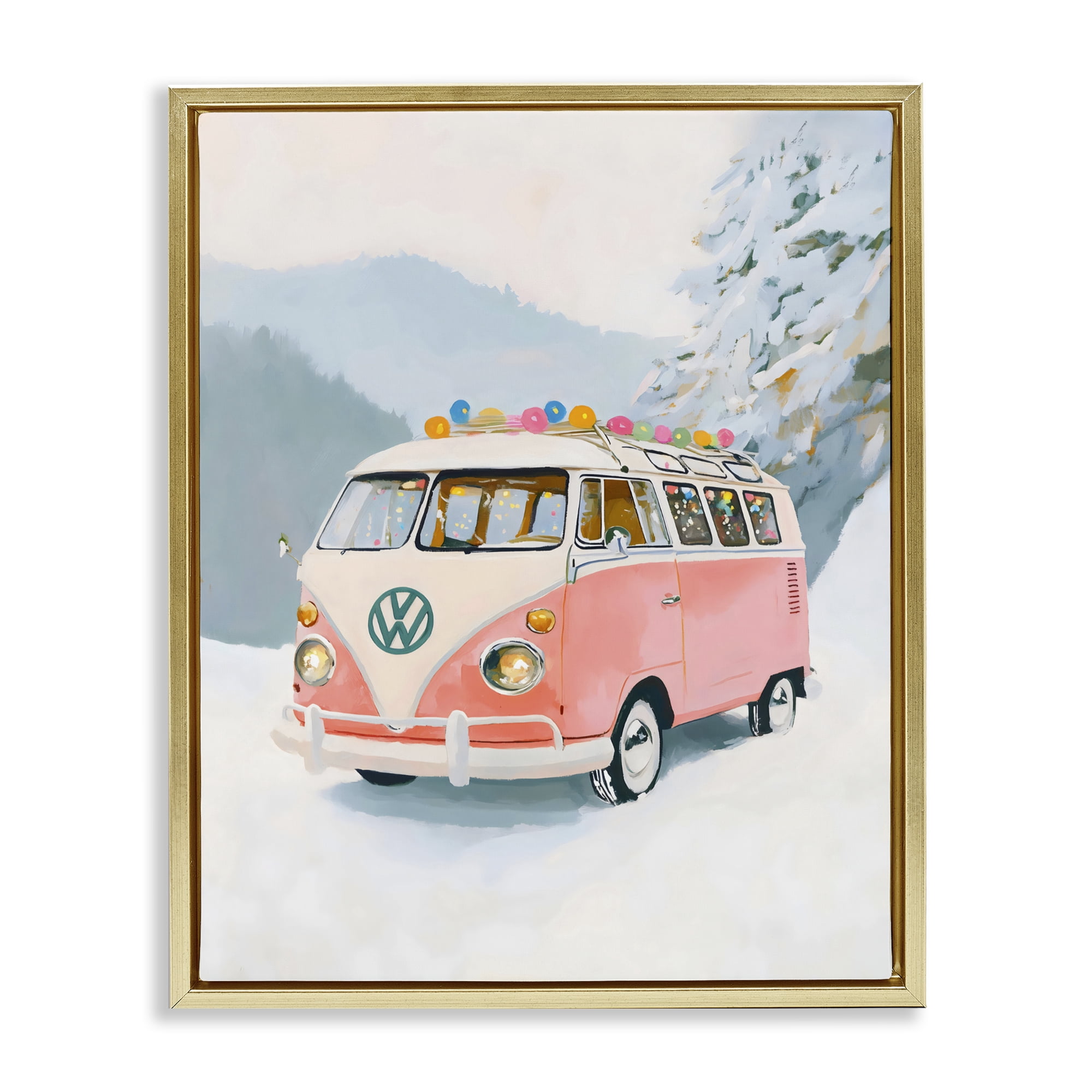 Stupell Industries Pink Christmas Van in Snow Gold Framed Floater Canvas Wall Art, design by The Prints Vibe