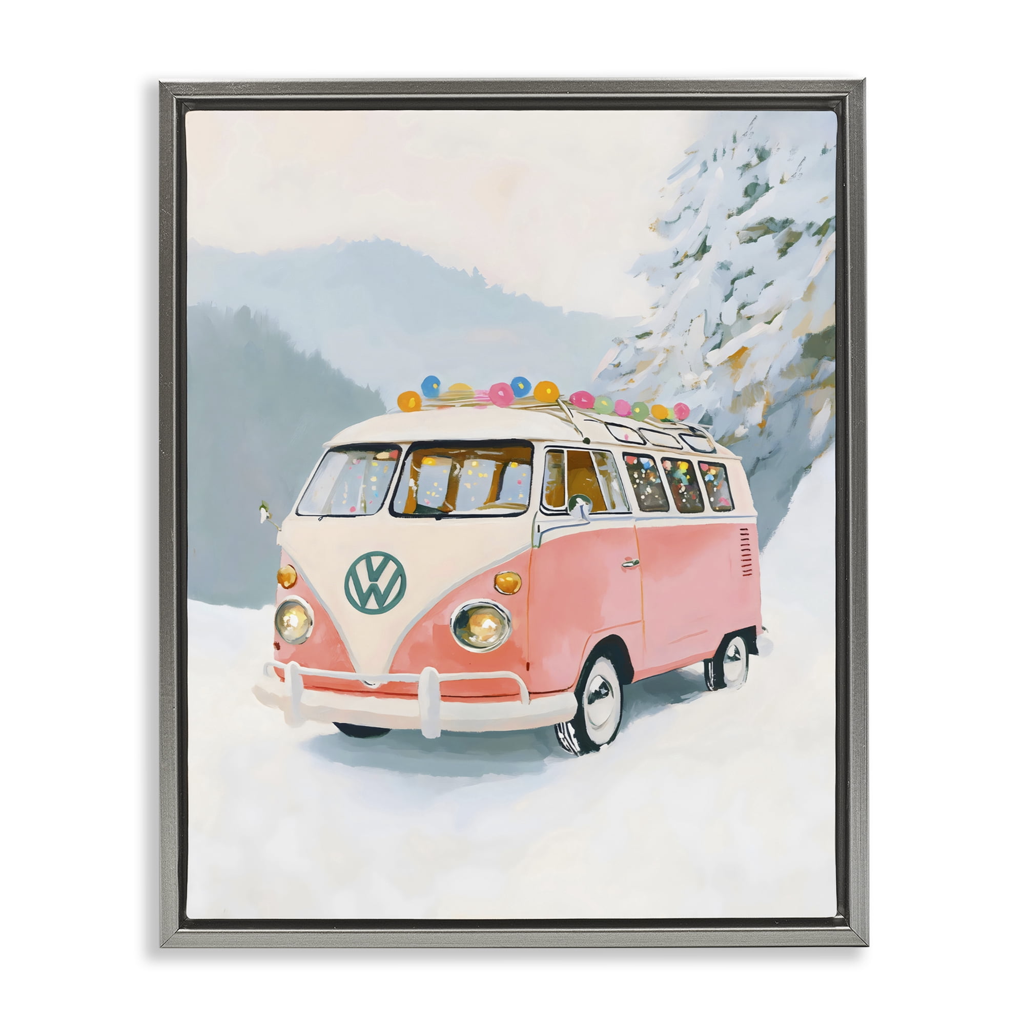 Stupell Industries Pink Christmas Van in Snow Gray Framed Floater Canvas Wall Art, design by The Prints Vibe