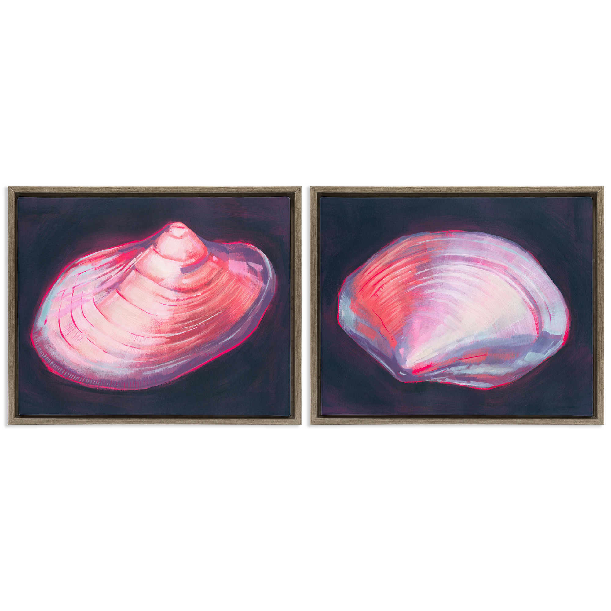 Stupell Industries Pink Clam Shells Nautical & Beach Painting Brown Floater Framed Canvas Art Print Wall Art, 31 x 25, Set of 2