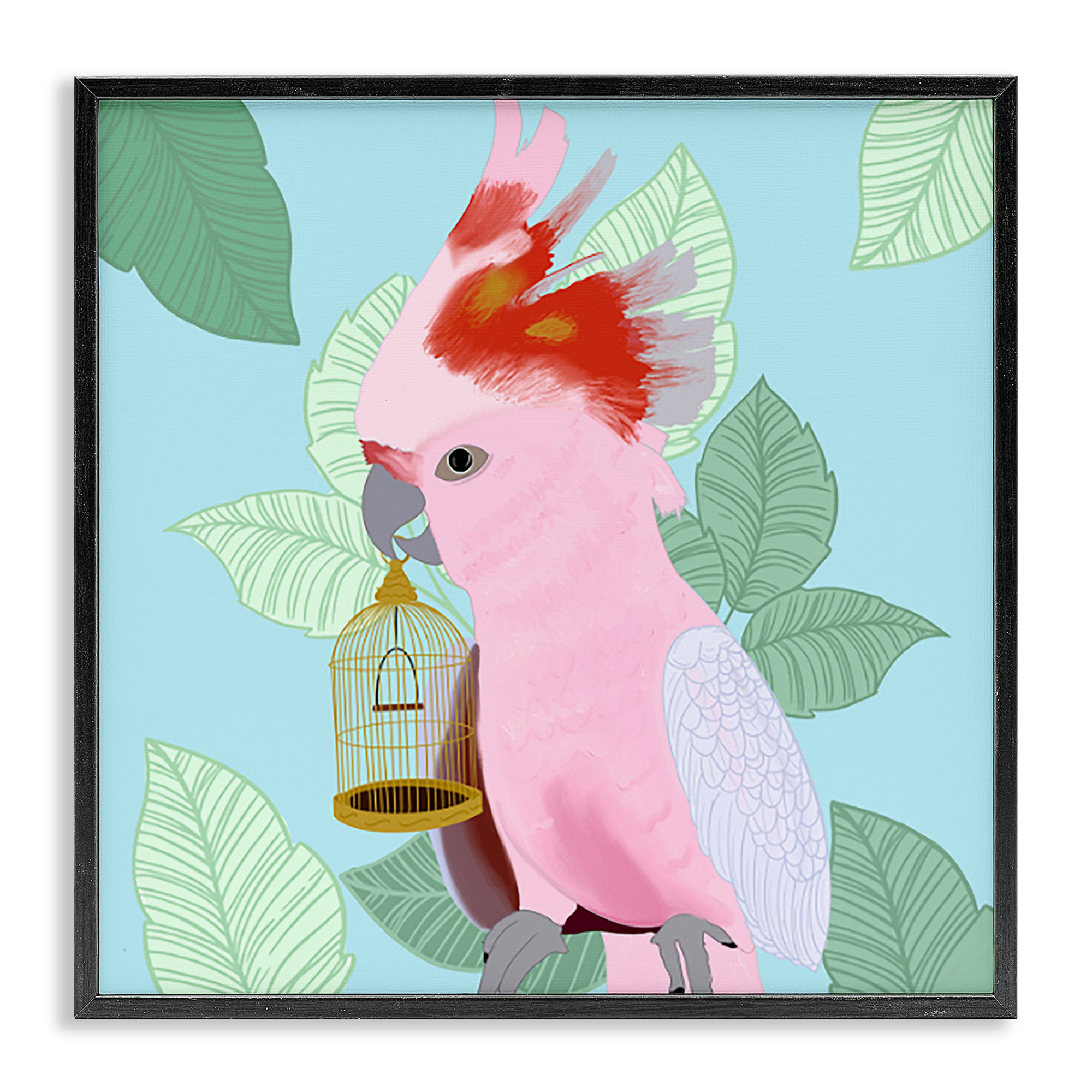 Stupell Industries Pink Cockatoo with Leaves Animals Painting Black Framed Art Print Wall Art, 17 x 17