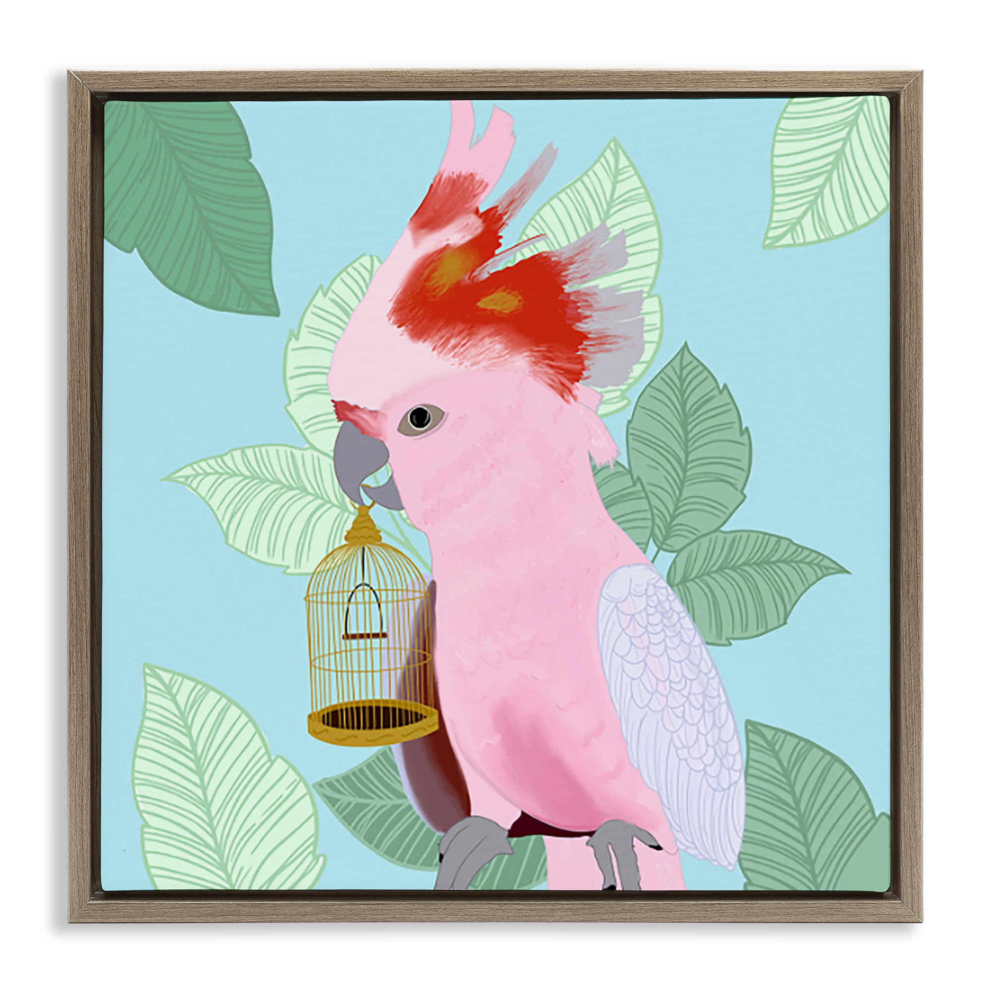 Stupell Industries Pink Cockatoo with Leaves Animals Painting Brown Floater Framed Canvas Art Print Wall Art, 25 x 25