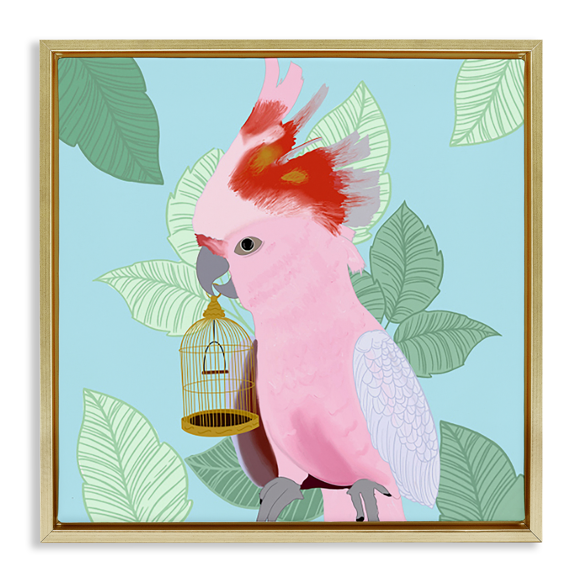 Stupell Industries Pink Cockatoo with Leaves Animals Painting Gold Floater Framed Canvas Art Print Wall Art, 18 x 18