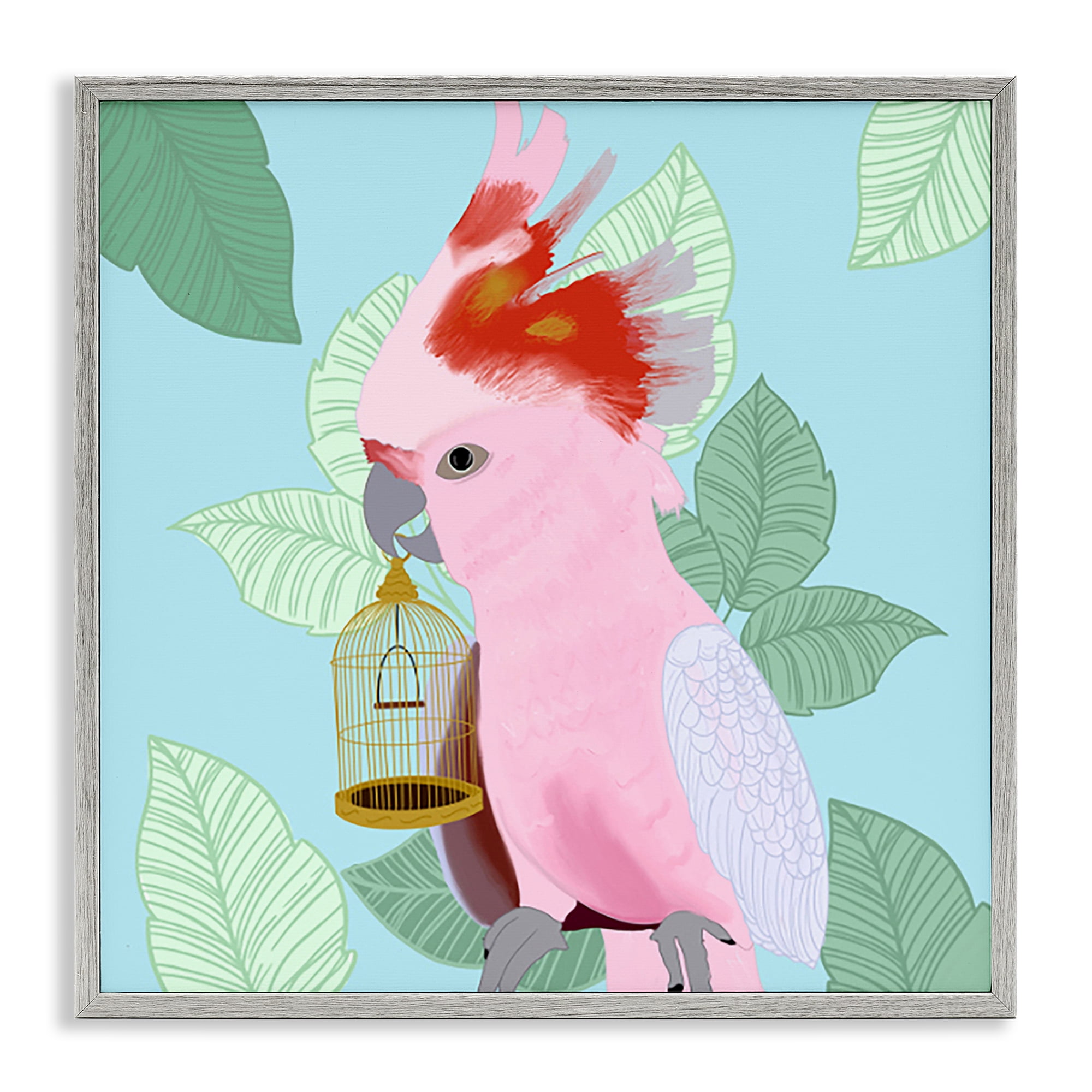 Stupell Industries Pink Cockatoo with Leaves Animals Painting Gray Framed Art Print Wall Art, 17 x 17