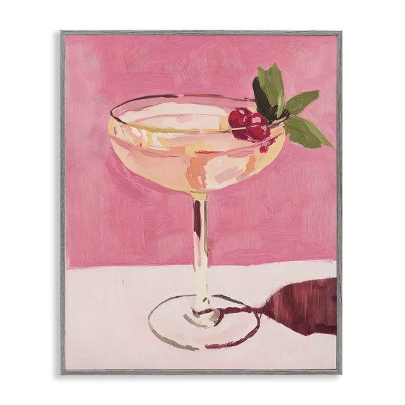 Stupell Industries Pink Cocktail & Cherries Gray Framed Giclee Art design by Riley B, 30 x 24