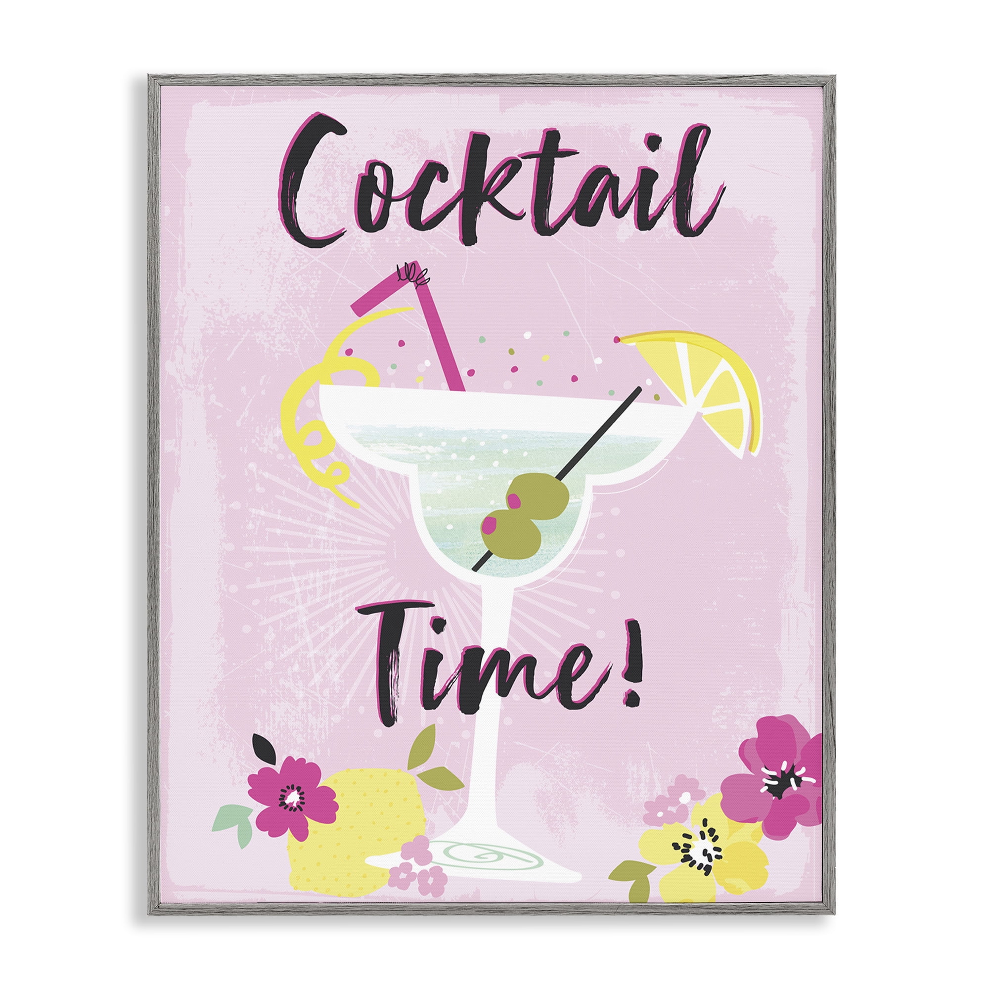 Stupell Industries Pink Cocktail Time Food & Beverage Painting Gray Framed Art Print Wall Art, 16 x 20