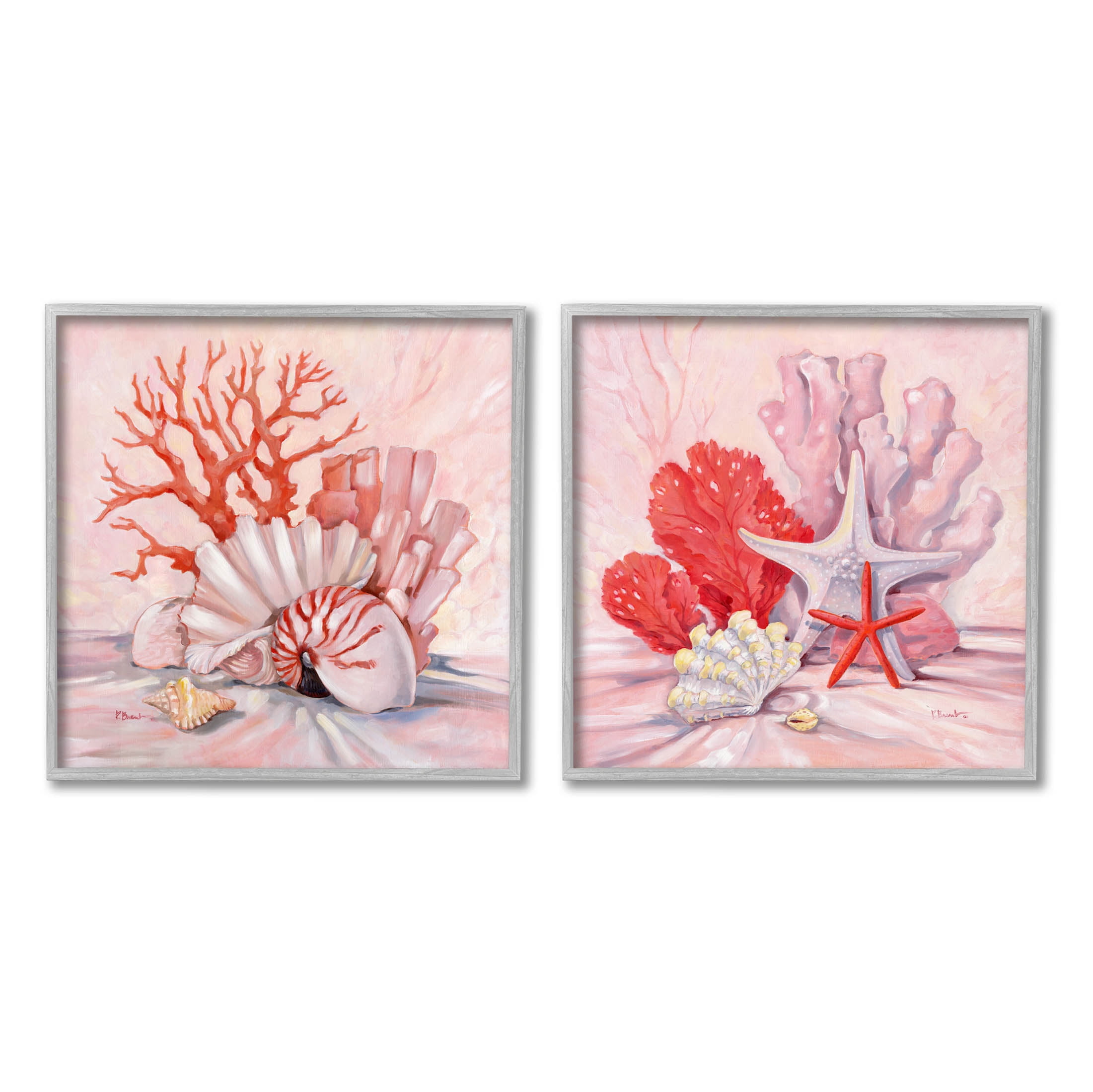Stupell Industries Pink Coral Sea Life Painting Gray Framed Art Print Wall Art, Set of 2, Design by Paul Brent
