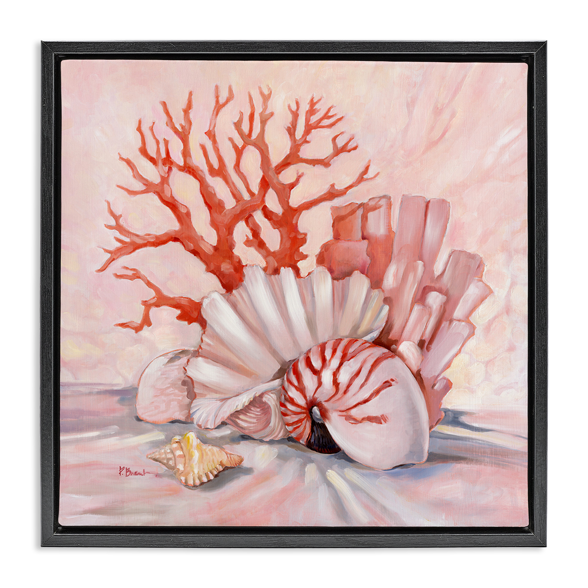 Stupell Industries Pink Coral Still Life Animals & Insects Painting Black Floater Framed Canvas Art Print Wall Art, 18 x 18