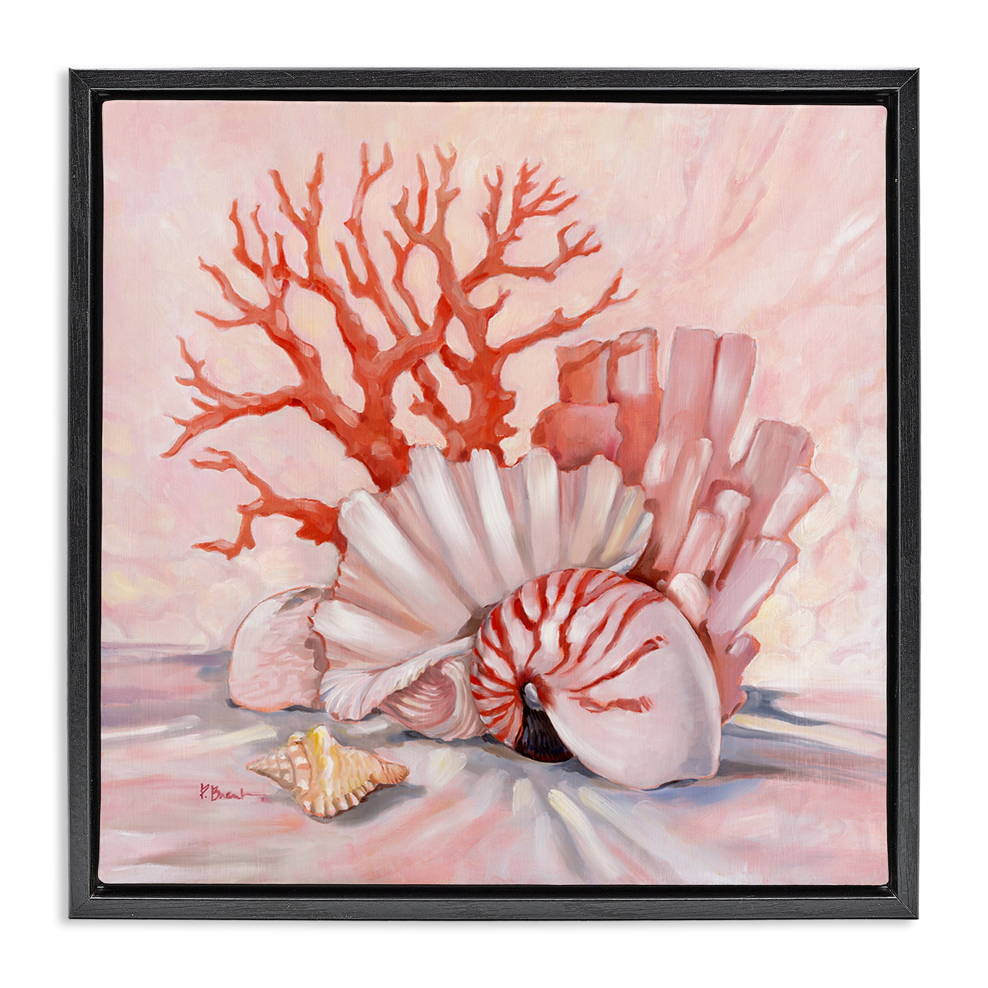 Stupell Industries Pink Coral Still Life Animals & Insects Painting Black Floater Framed Canvas Art Print Wall Art, 25 x 25
