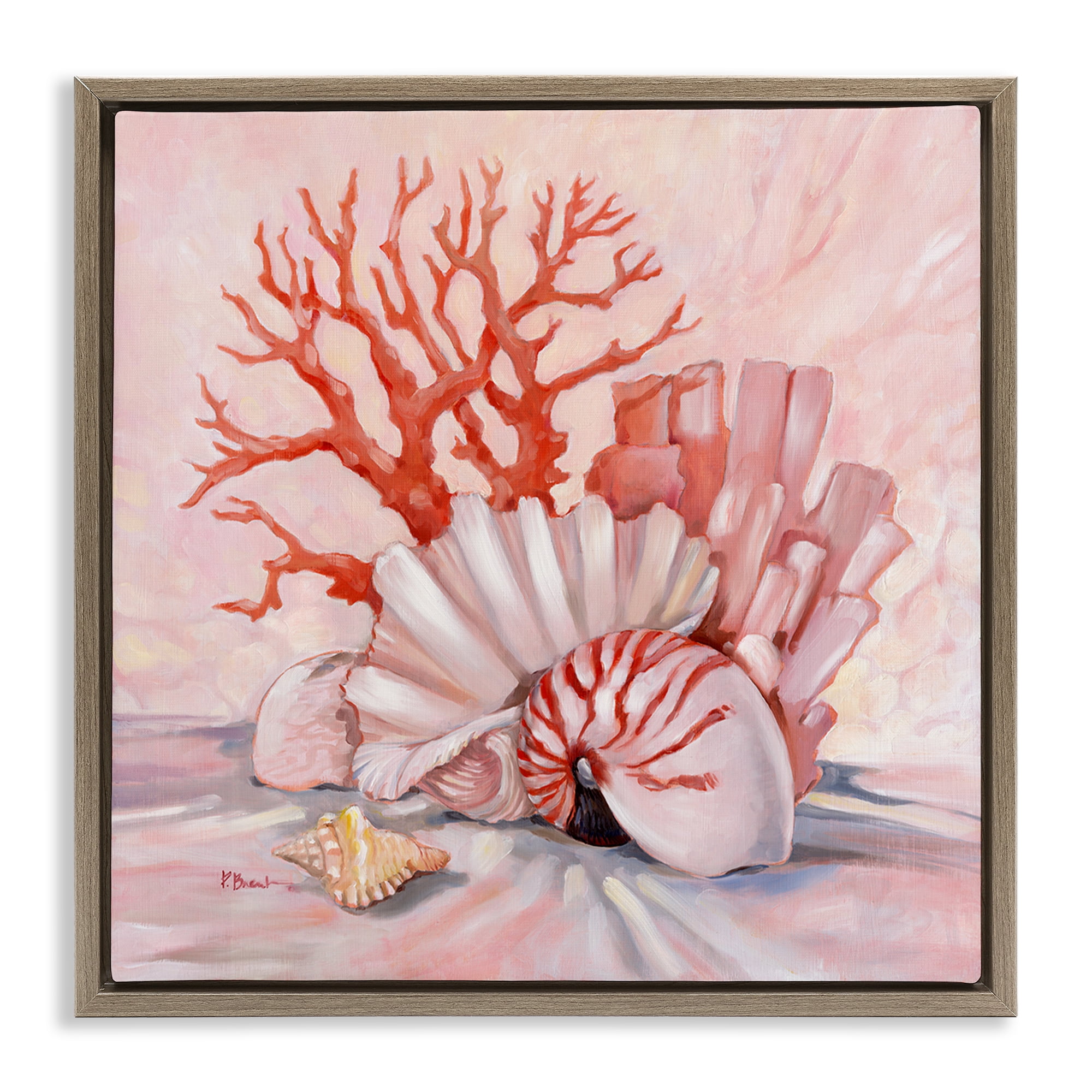 Stupell Industries Pink Coral Still Life Animals & Insects Painting Brown Floater Framed Canvas Art Print Wall Art, 18 x 18