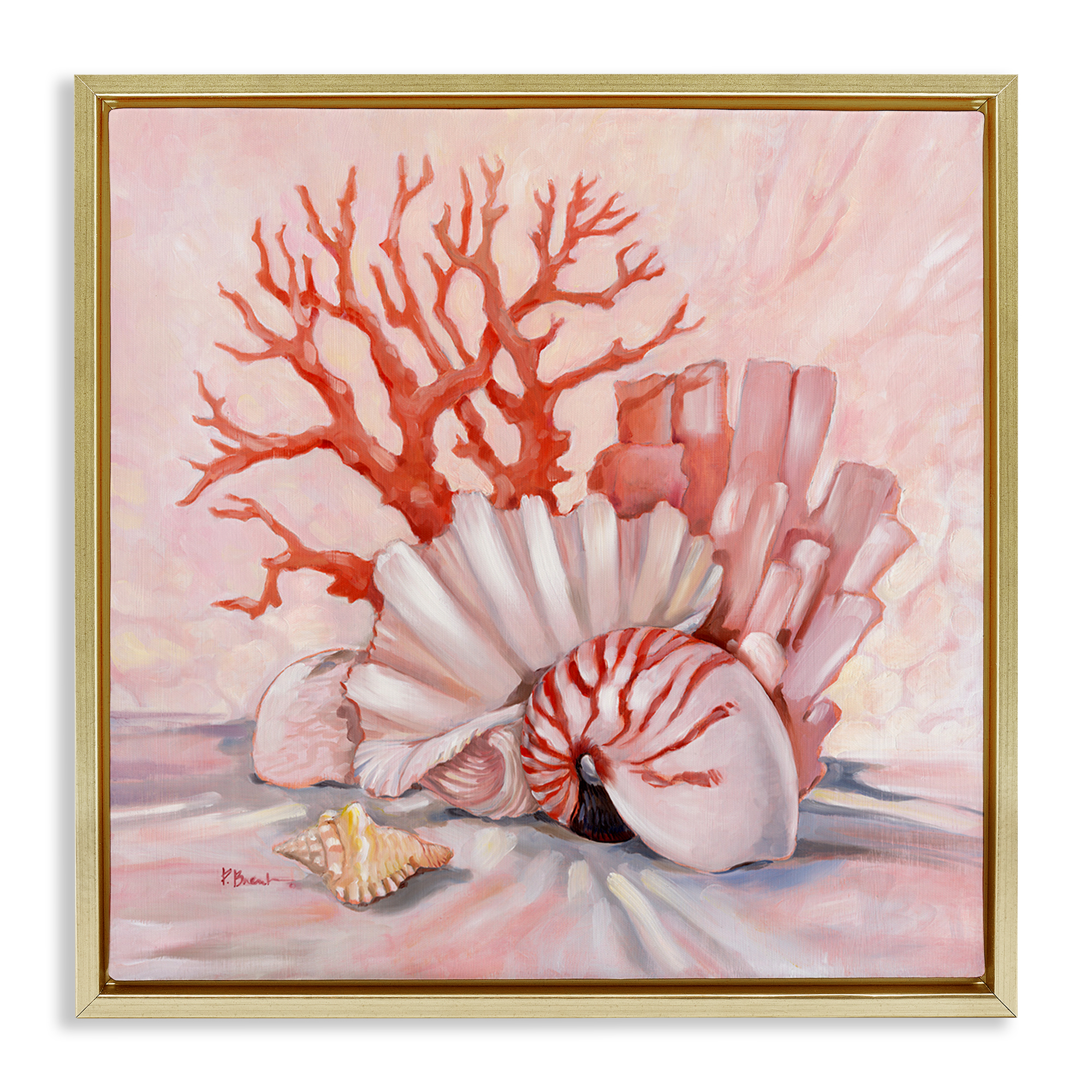 Stupell Industries Pink Coral Still Life Animals & Insects Painting Gold Floater Framed Canvas Art Print Wall Art, 25 x 25