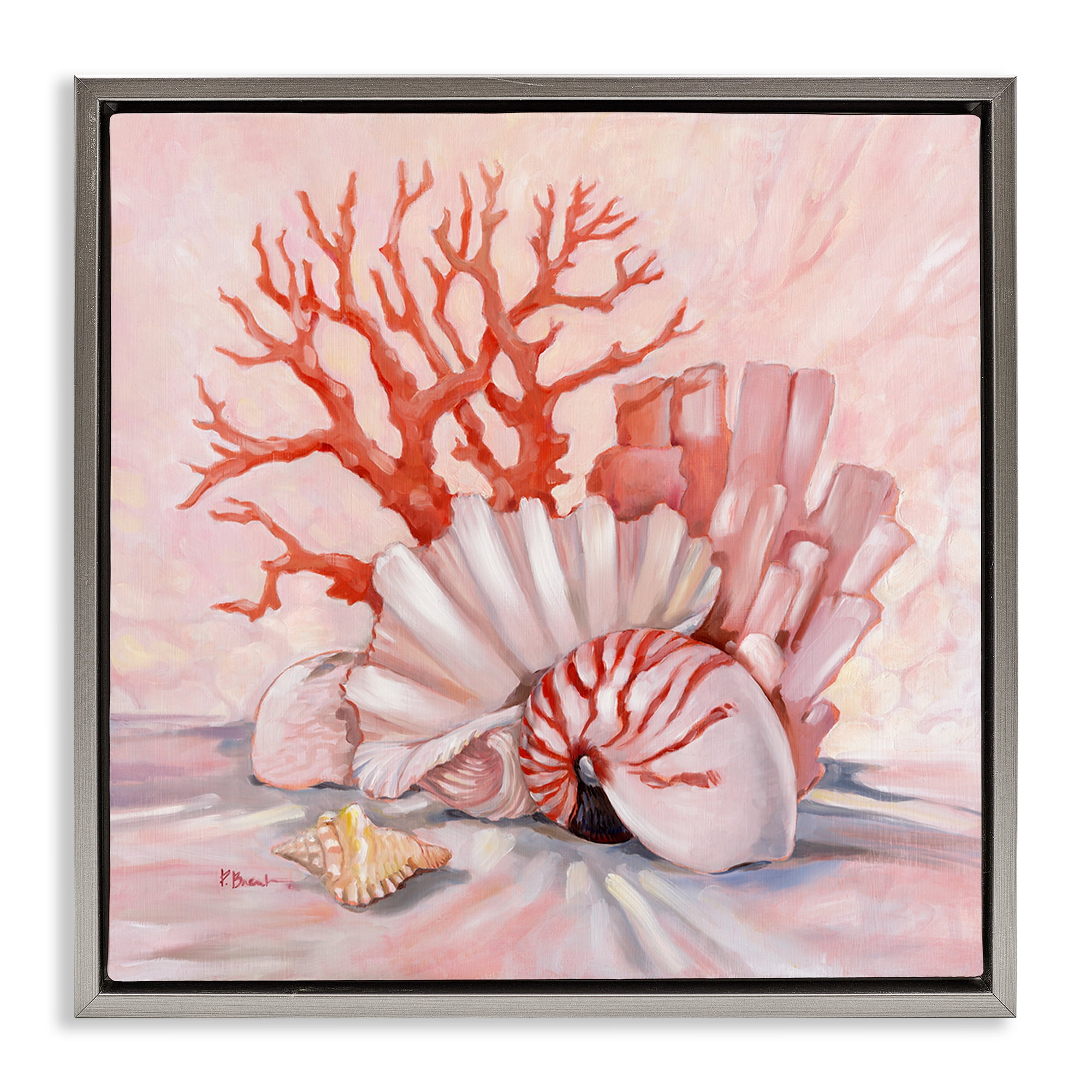 Stupell Industries Pink Coral Still Life Animals & Insects Painting Gray Floater Framed Canvas Art Print Wall Art, 18 x 18