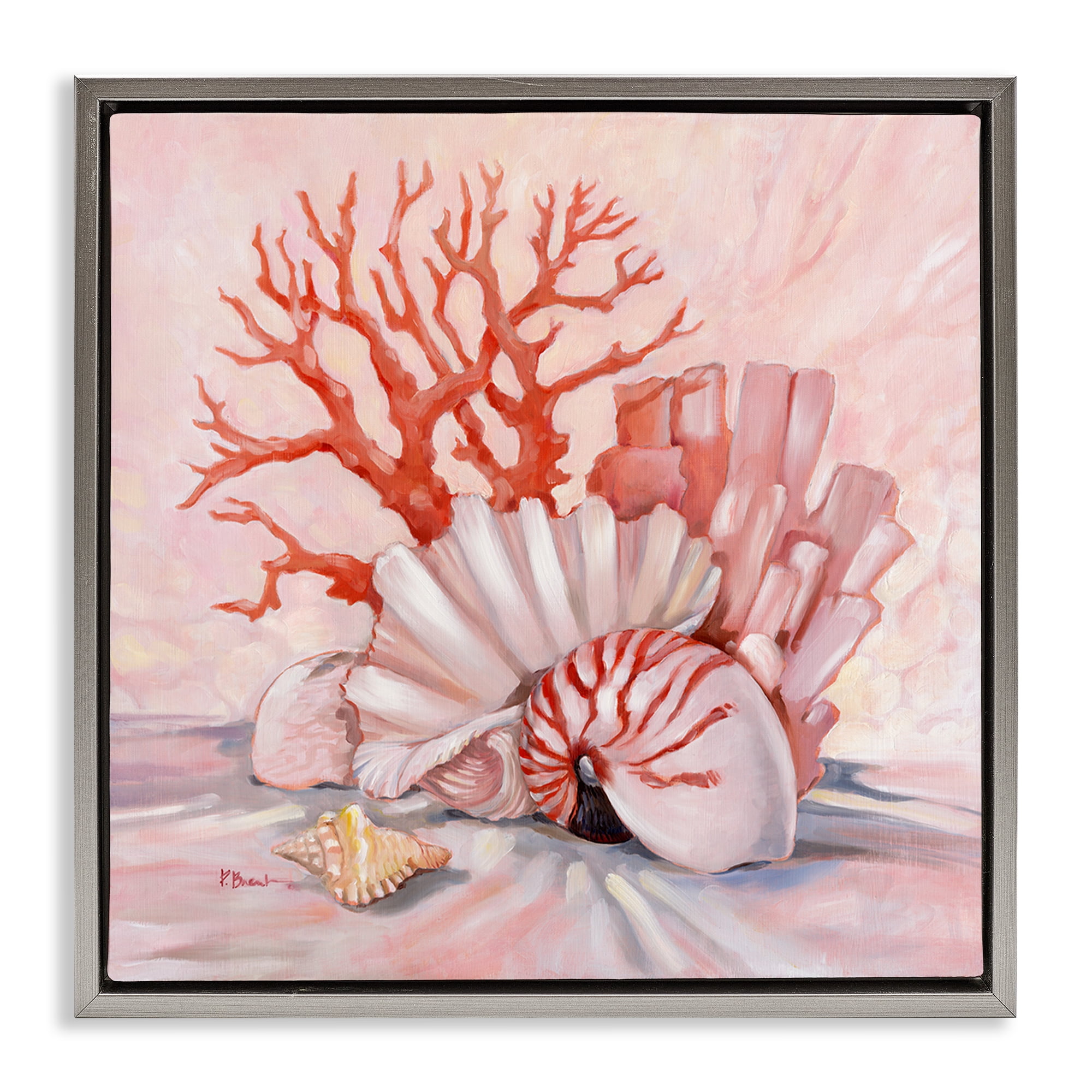 Stupell Industries Pink Coral Still Life Animals & Insects Painting Gray Floater Framed Canvas Art Print Wall Art, 25 x 25
