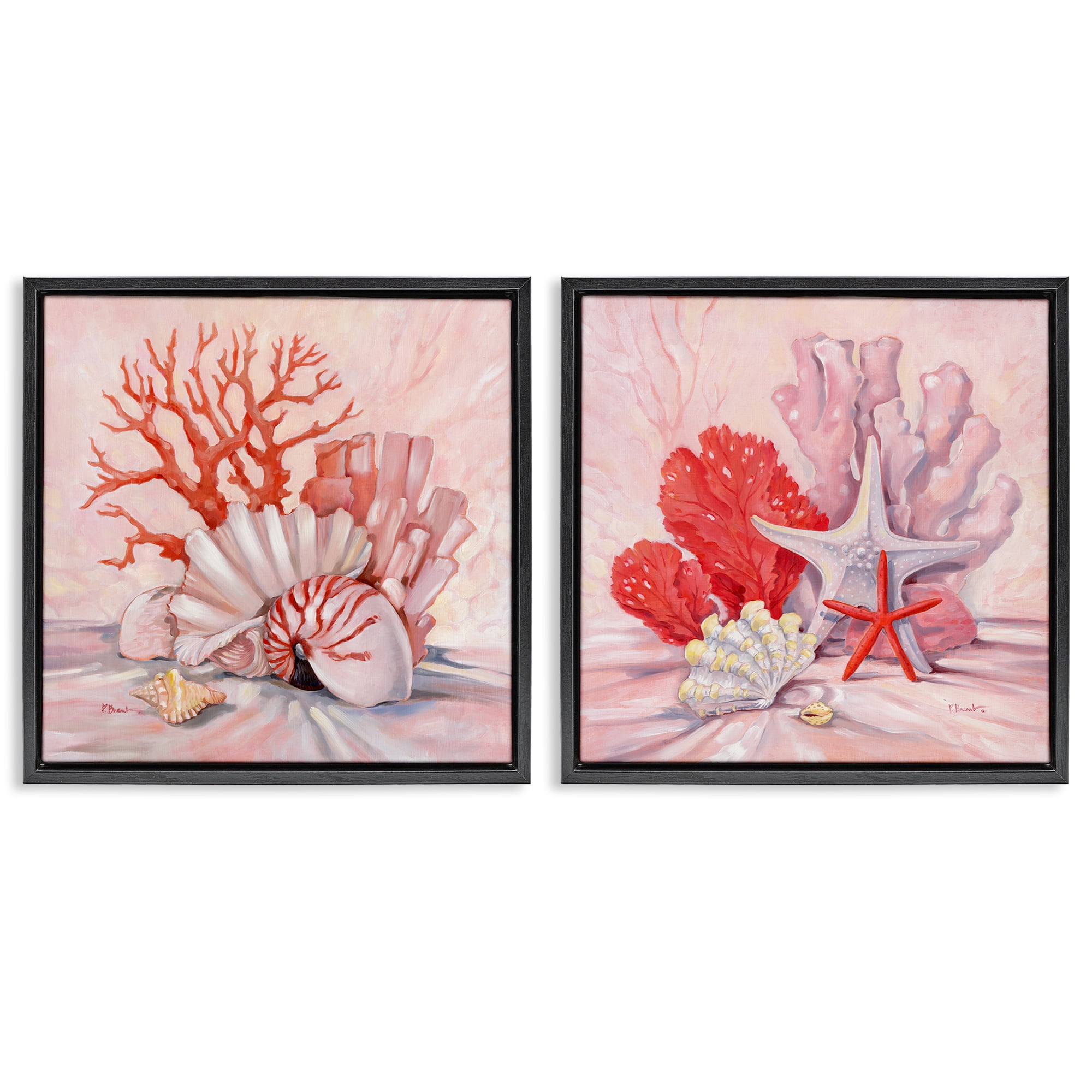 Stupell Industries Pink Coral Still Life Nautical & Beach Painting Black Floater Framed Canvas Art Print Wall Art, 25 x 25, Set of 2