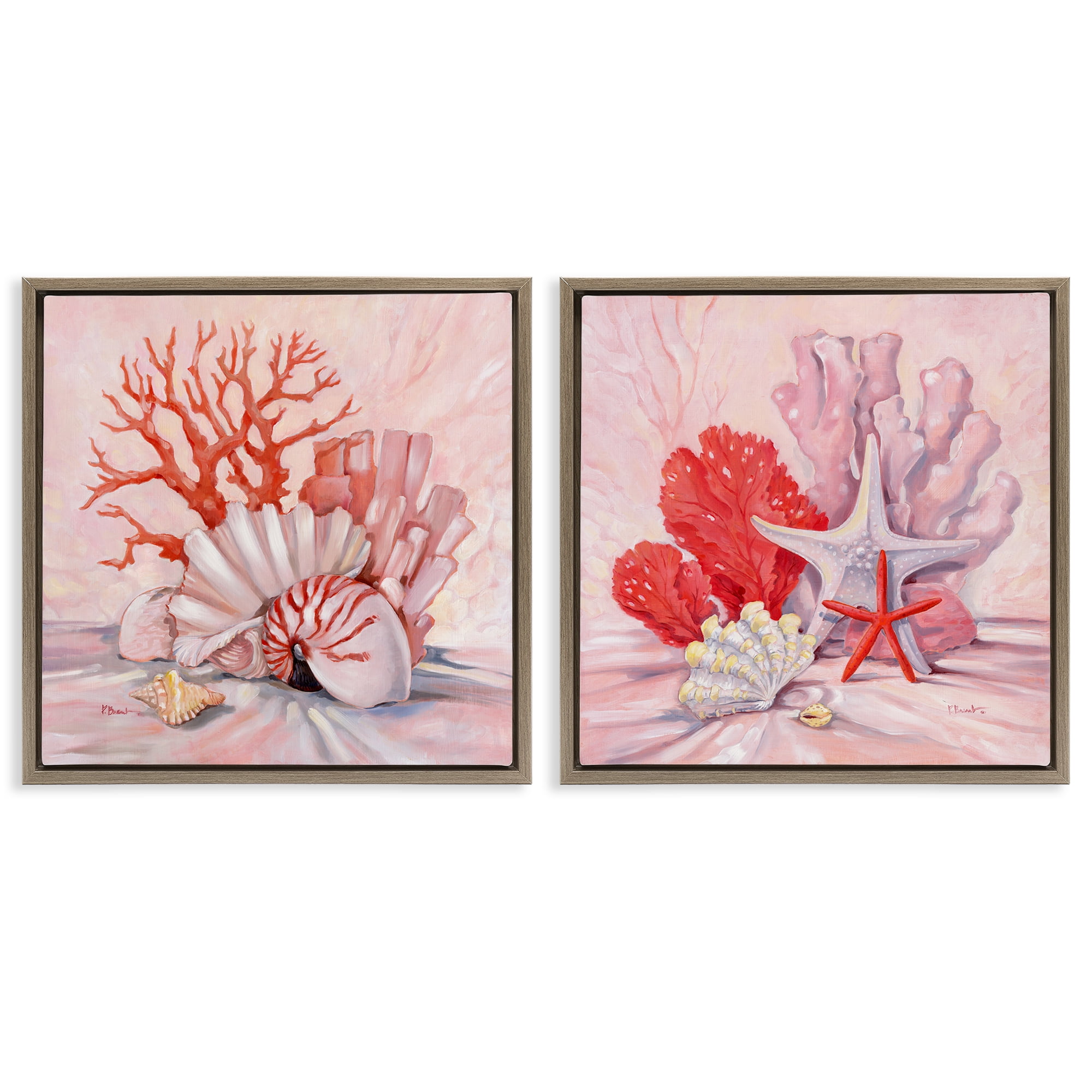 Stupell Industries Pink Coral Still Life Nautical & Beach Painting Brown Floater Framed Canvas Art Print Wall Art, 25 x 25, Set of 2