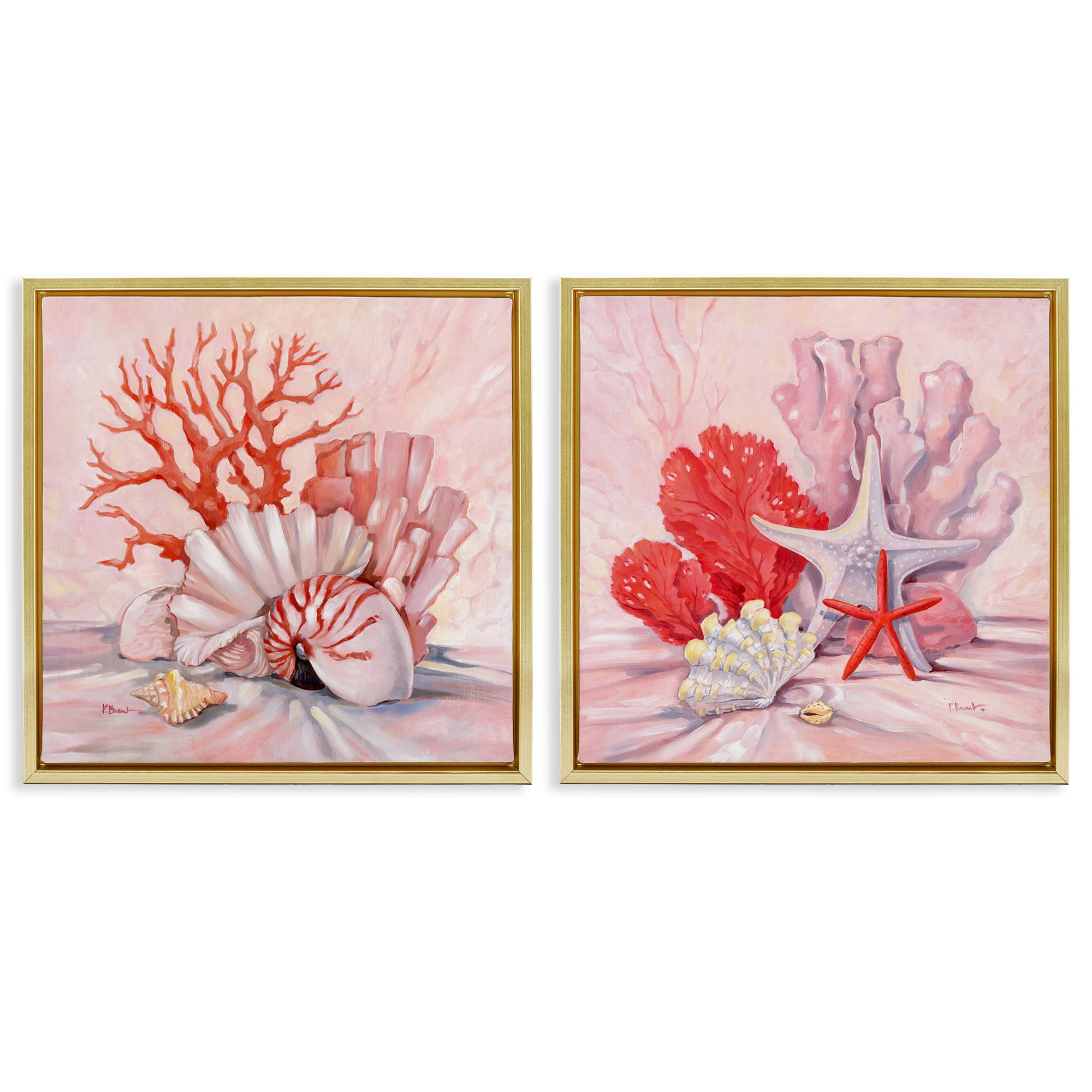 Stupell Industries Pink Coral Still Life Nautical & Beach Painting Gold Floater Framed Canvas Art Print Wall Art, 18 x 18, Set of 2