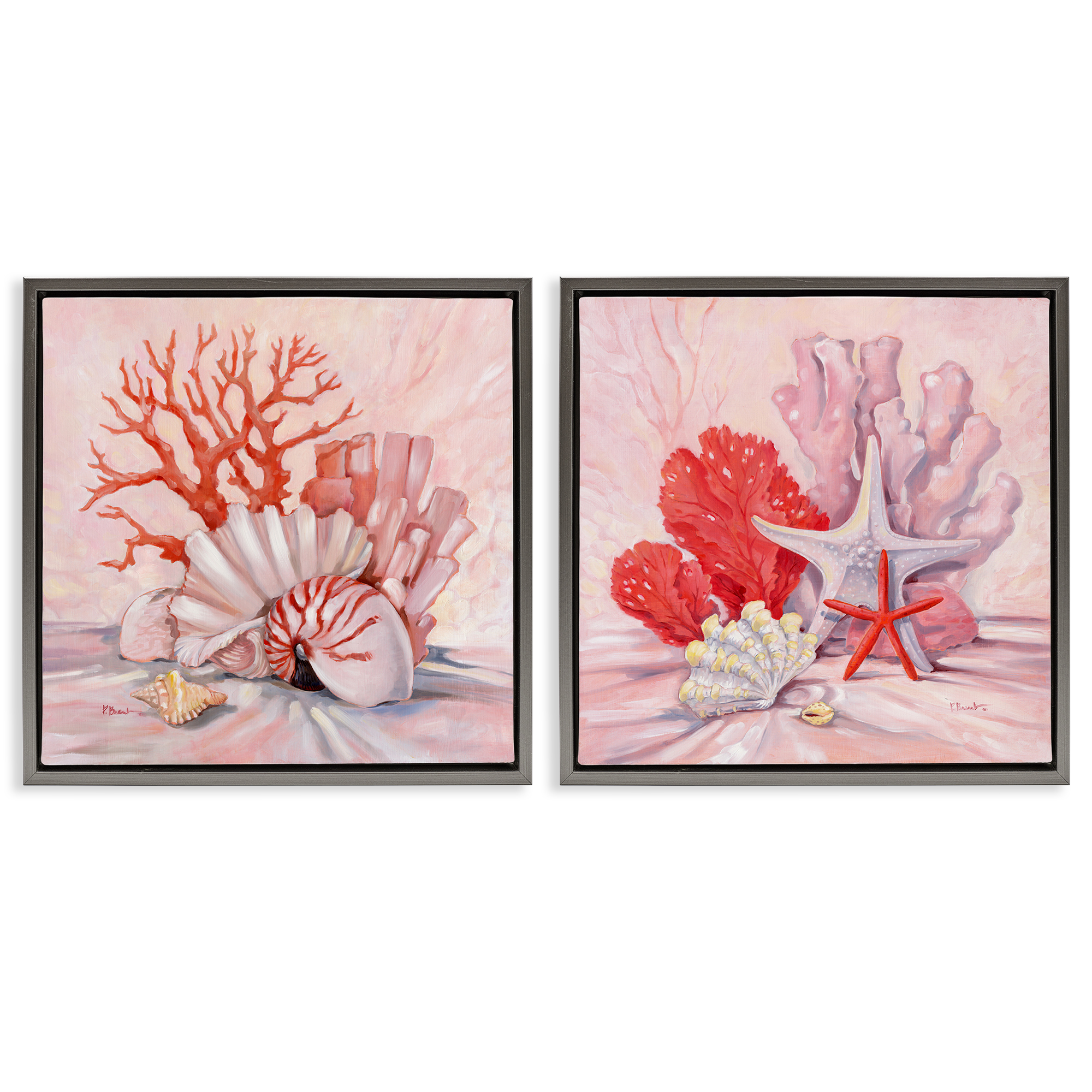 Stupell Industries Pink Coral Still Life Nautical & Beach Painting Gray Floater Framed Canvas Art Print Wall Art, 18 x 18, Set of 2