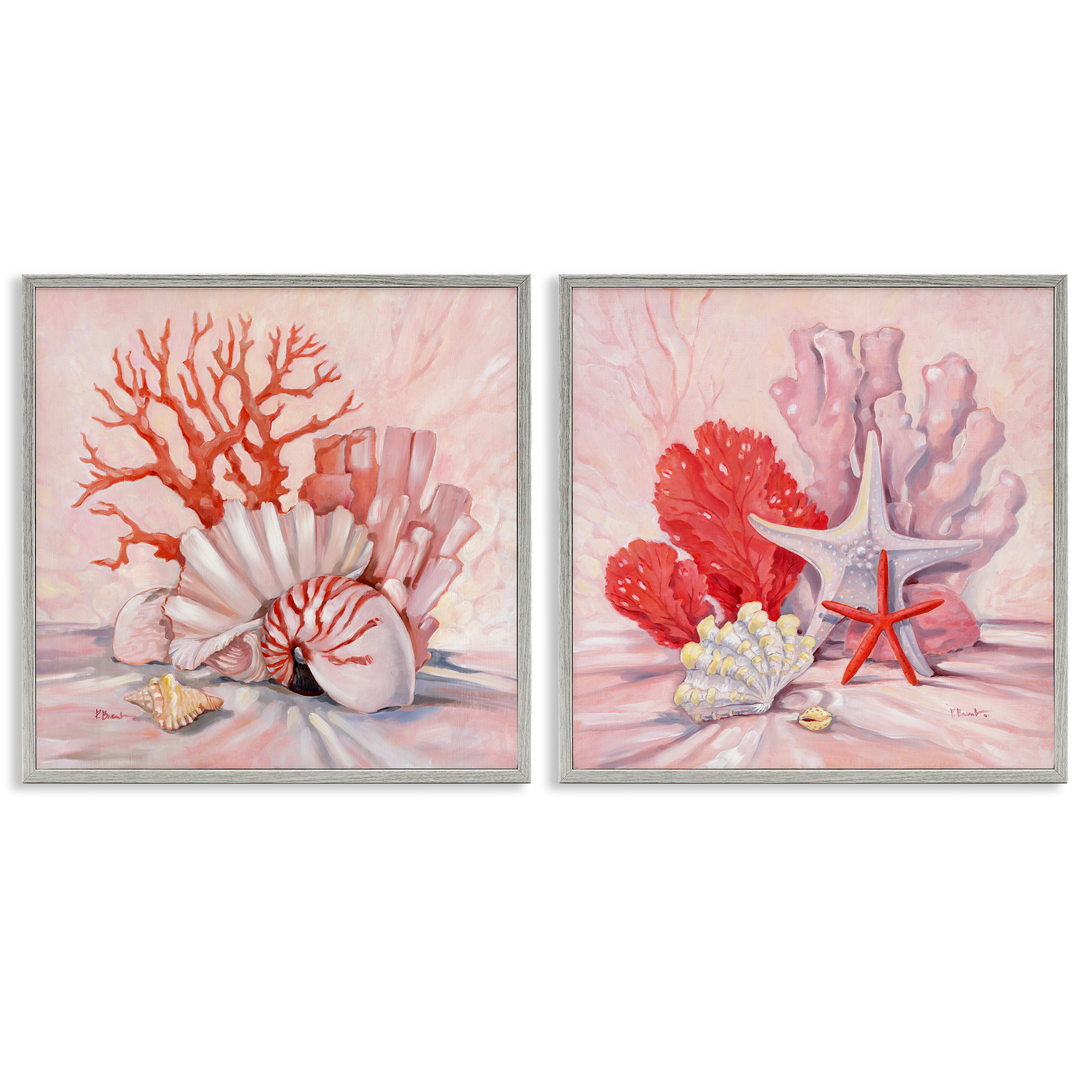 Stupell Industries Pink Coral Still Life Nautical & Beach Painting Gray Framed Art Print Wall Art, 12 x 12, Set of 2