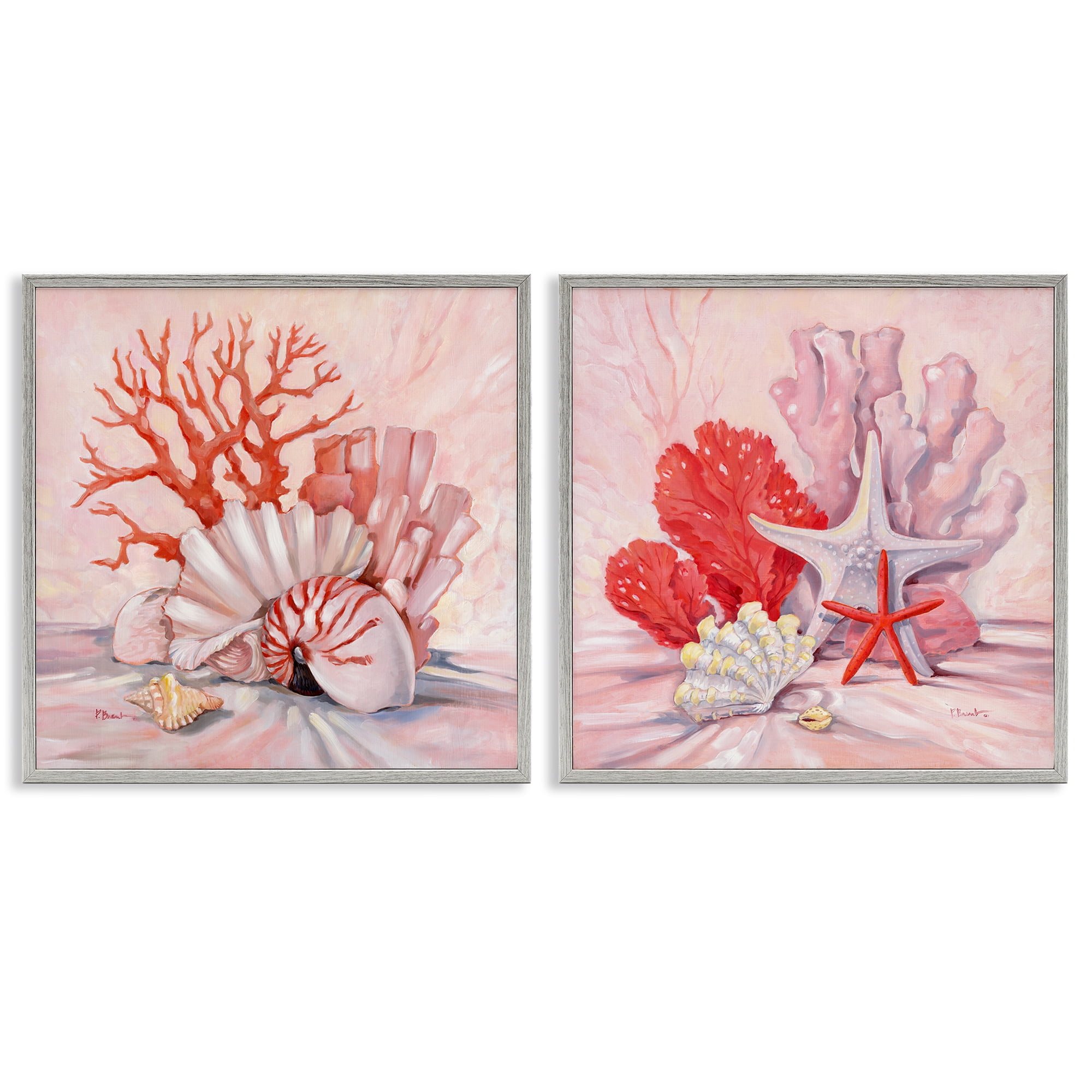 Stupell Industries Pink Coral Still Life Nautical & Beach Painting Gray Framed Art Print Wall Art, 17 x 17, Set of 2