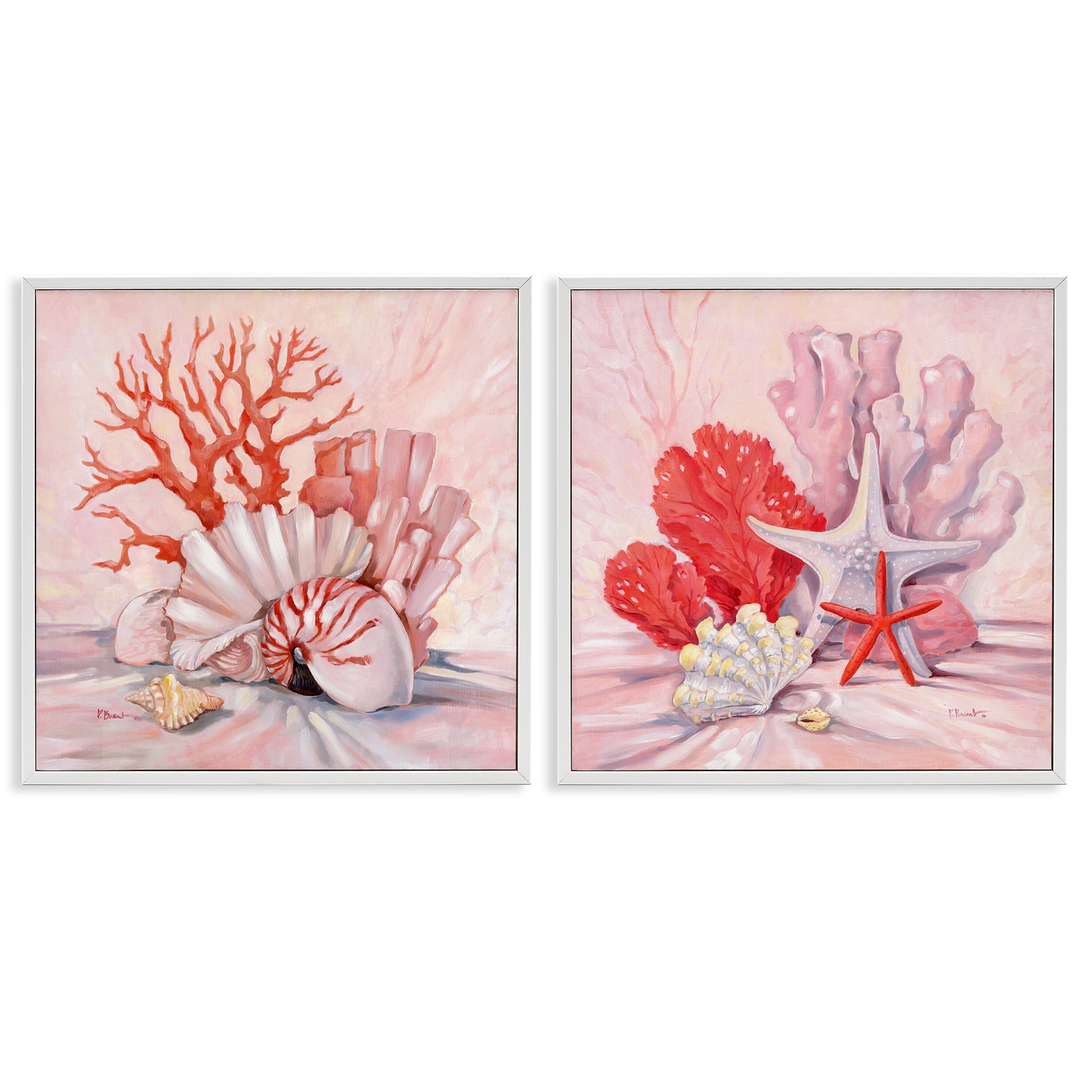 Stupell Industries Pink Coral Still Life Nautical & Beach Painting White Framed Art Print Wall Art, 12 x 12, Set of 2