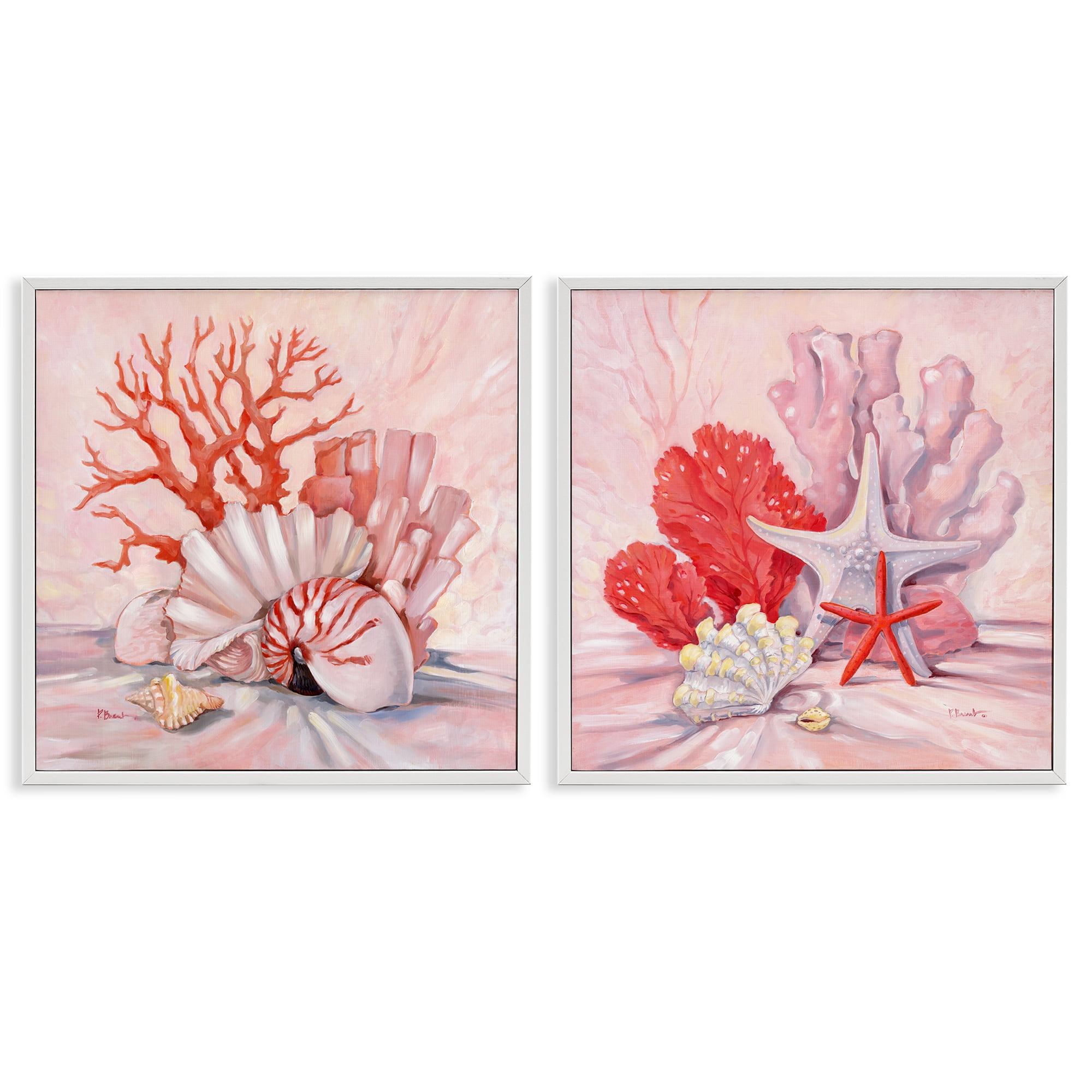 Stupell Industries Pink Coral Still Life Nautical & Beach Painting White Framed Art Print Wall Art, 17 x 17, Set of 2