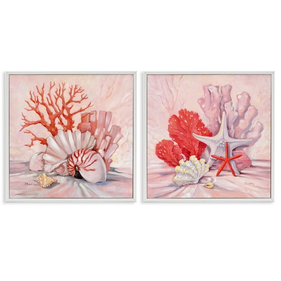 Stupell Industries Pink Coral Still Life Nautical & Beach Painting White Framed Art Print Wall Art, 17 x 17, Set of 2