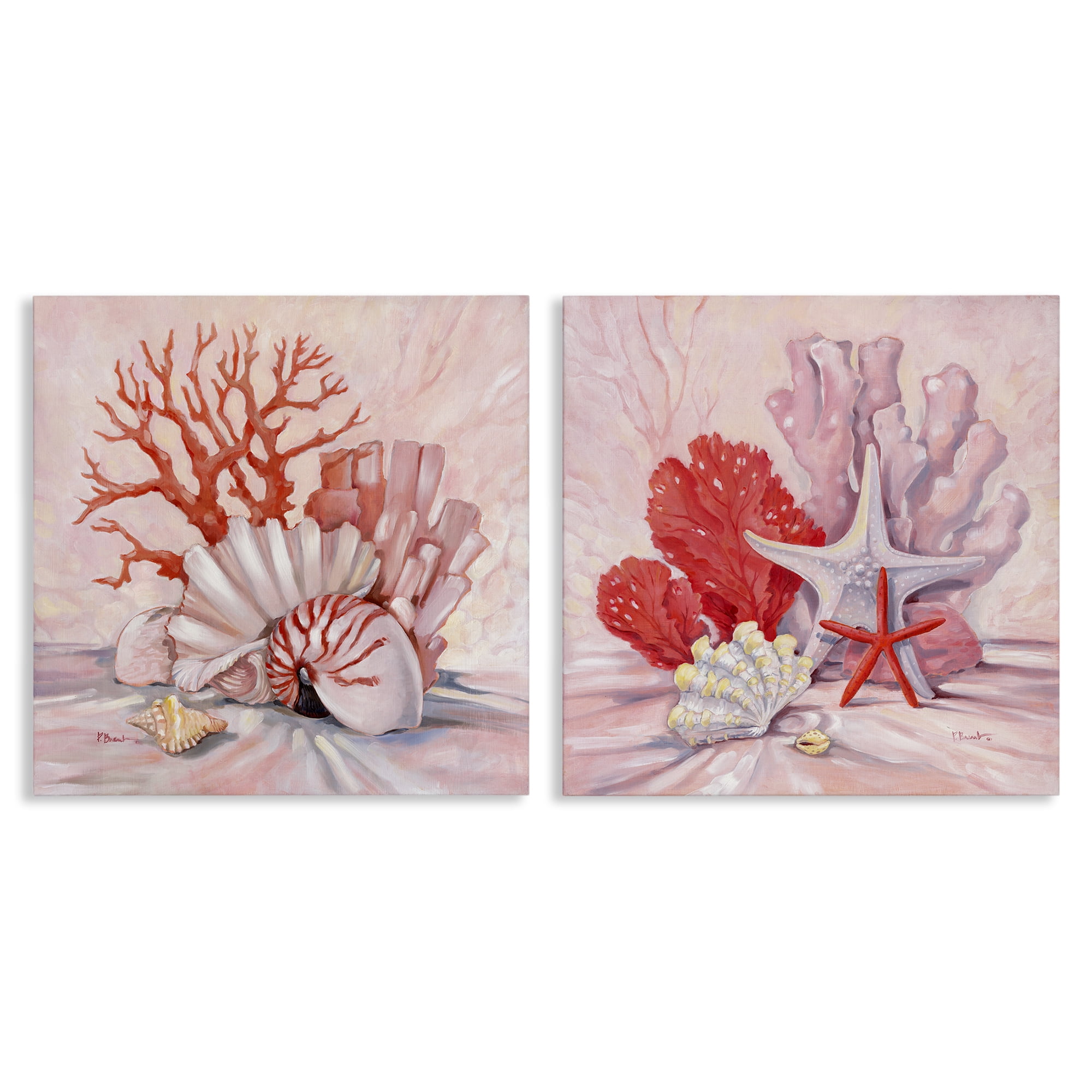 Stupell Industries Pink Coral Still Life Nautical & Beach Painting Wrapped Canvas Art Print Wall Art, 24 x 24, Set of 2