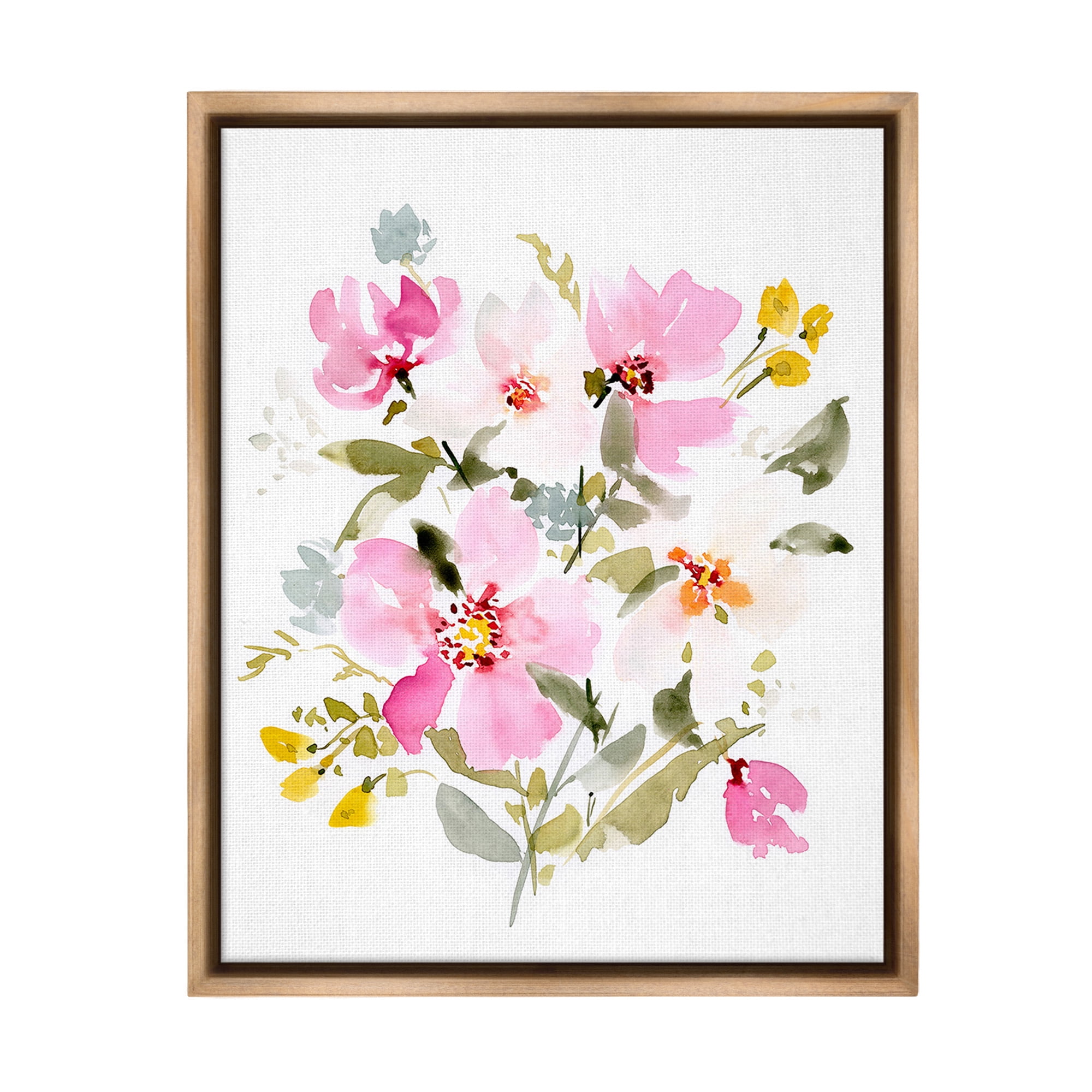 Stupell Industries Pink Cottage Blooms Botanical & Floral Painting Brown Floater Framed Canvas Art Print Wall Art, 25 x 31