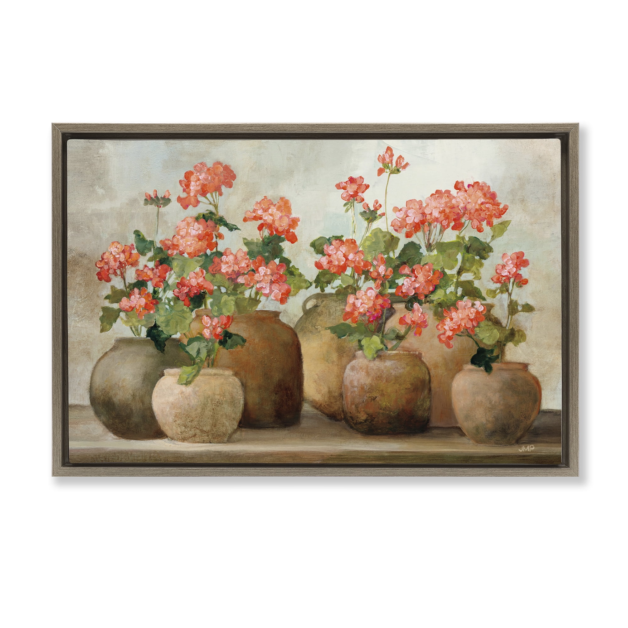 Stupell Industries Pink Cottage Geraniums Botanical & Floral Painting Brown Floater Framed Art Print Wall Art, 31 x 21