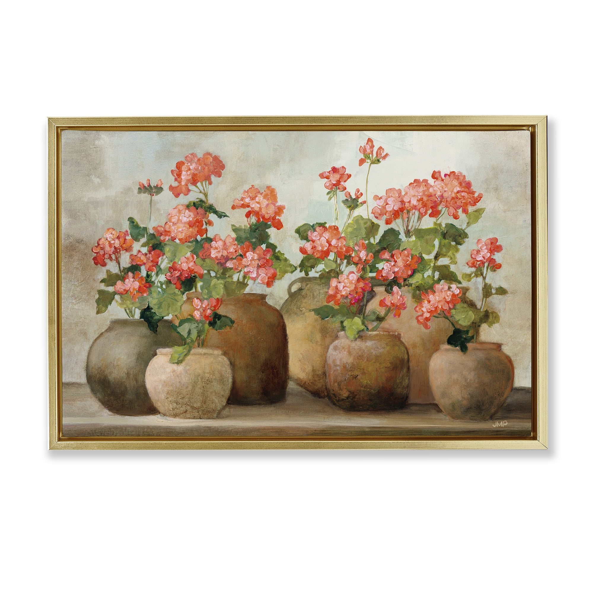 Stupell Industries Pink Cottage Geraniums Botanical & Floral Painting Gold Floater Framed Art Print Wall Art, 31 x 21